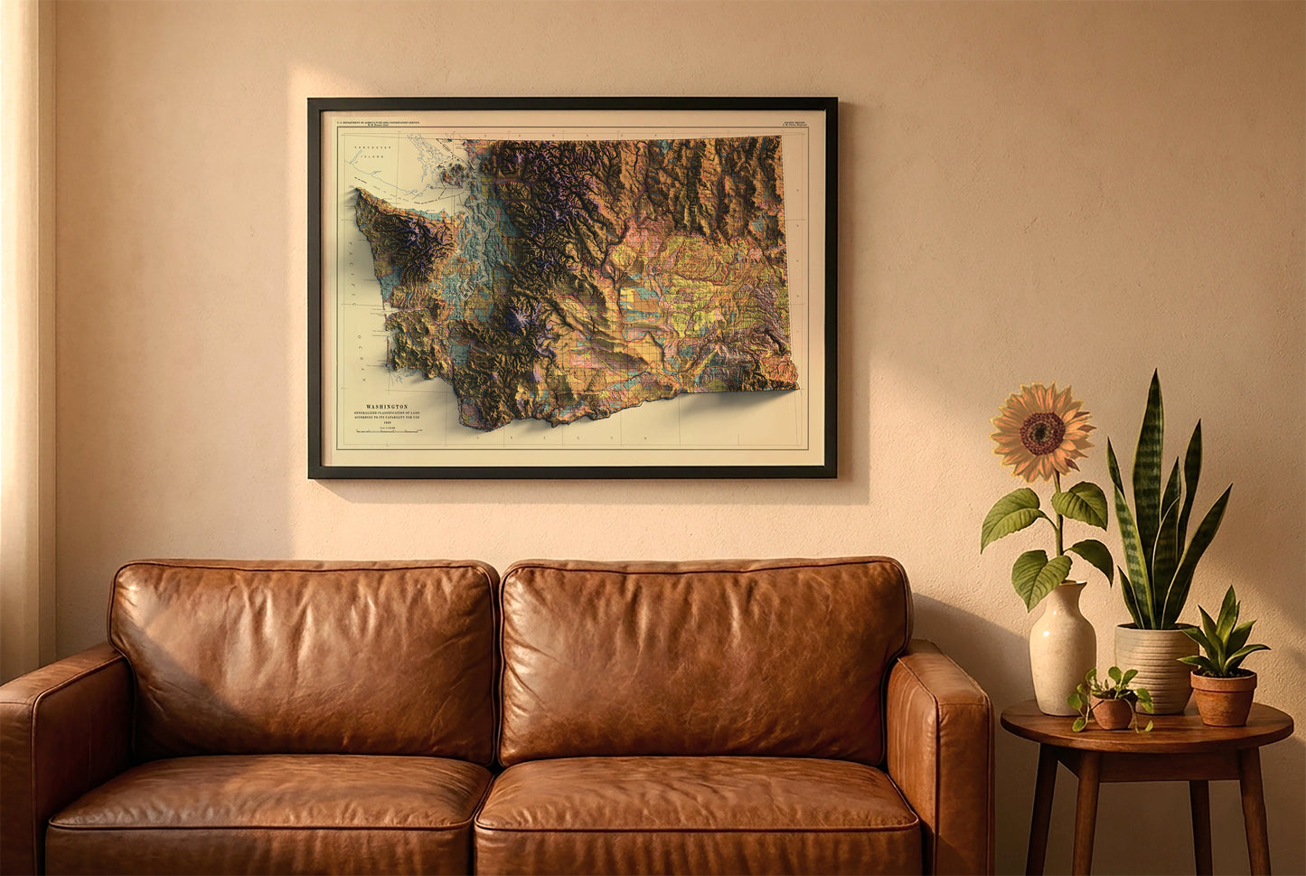 Washington vintage relief map in a black frame above a brown leather sofa. Boho living room with warm sunlight, sunflower, and indoor plants on a wooden side table