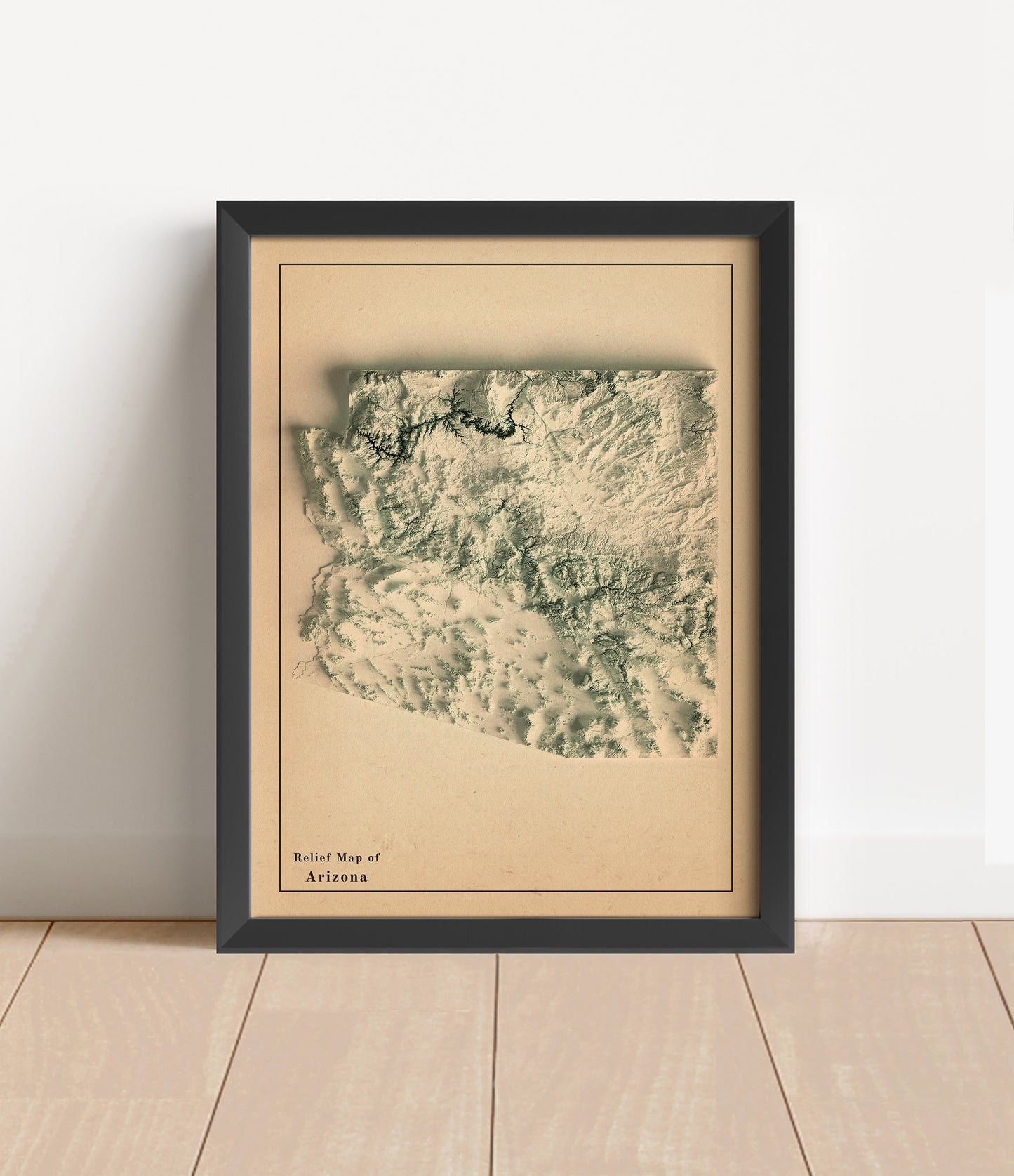 Vintage Arizona shaded relief map in black frame. Artistic print with realistic terrain effect for wall decor
