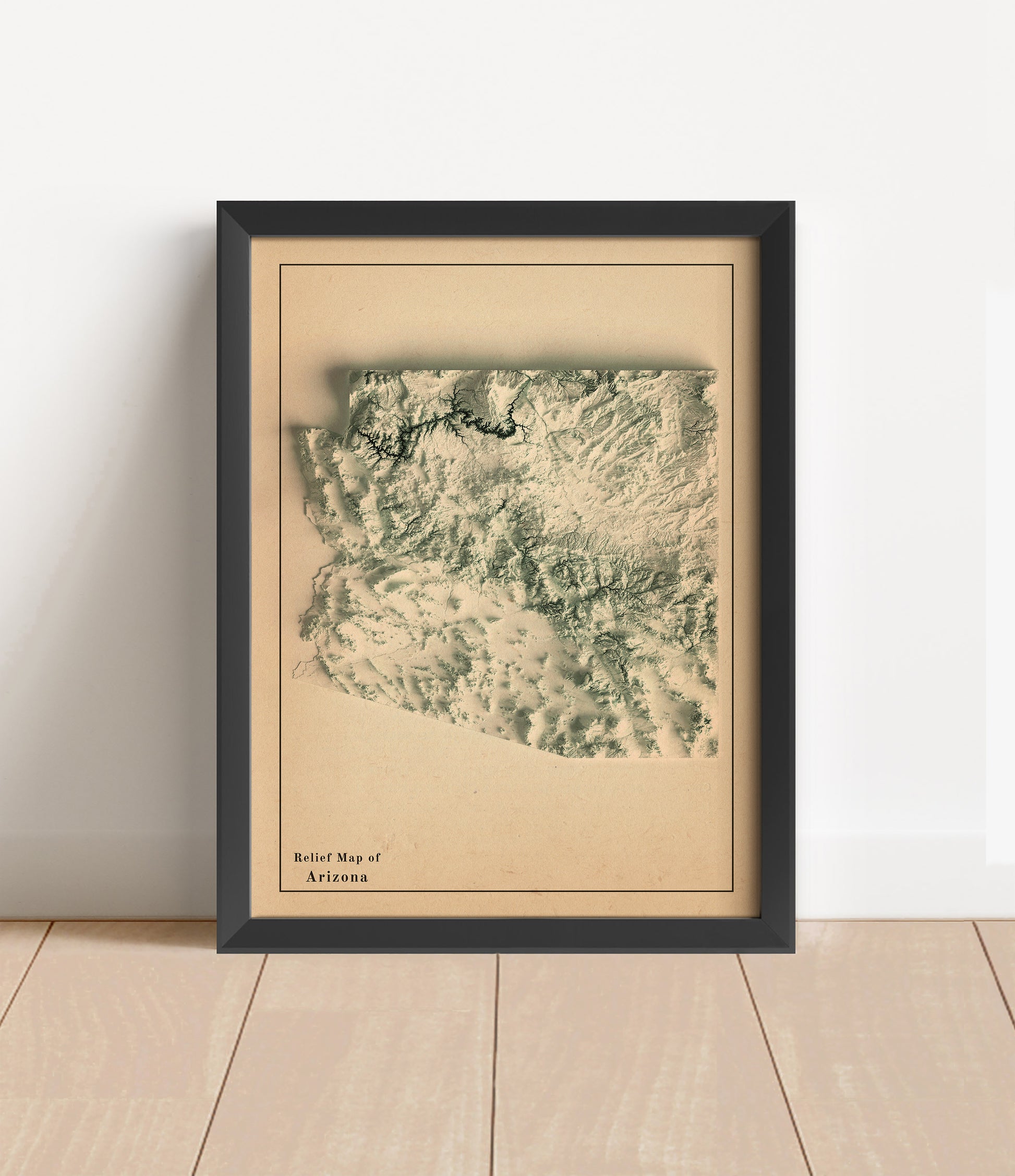 Vintage Arizona shaded relief map in black frame. Artistic print with realistic terrain effect for wall decor