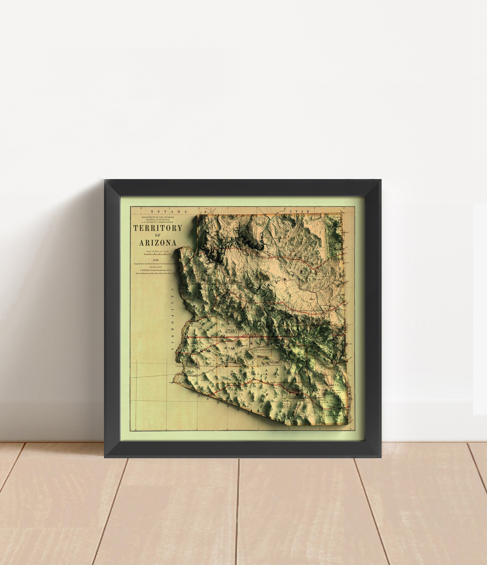 Vintage Arizona shaded relief map in black frame. Artistic print with realistic terrain effect for wall decor