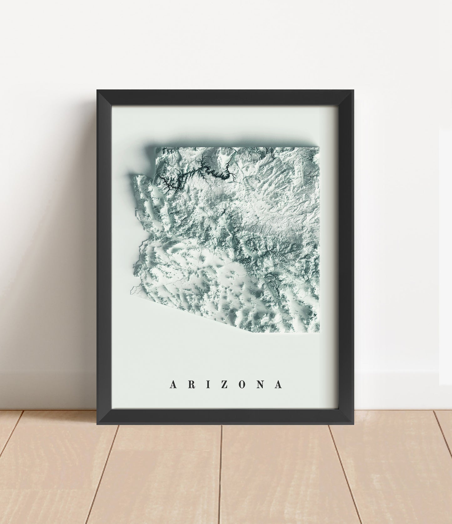 Arizona shaded relief map in black frame. Artistic print with realistic terrain effect for wall decor