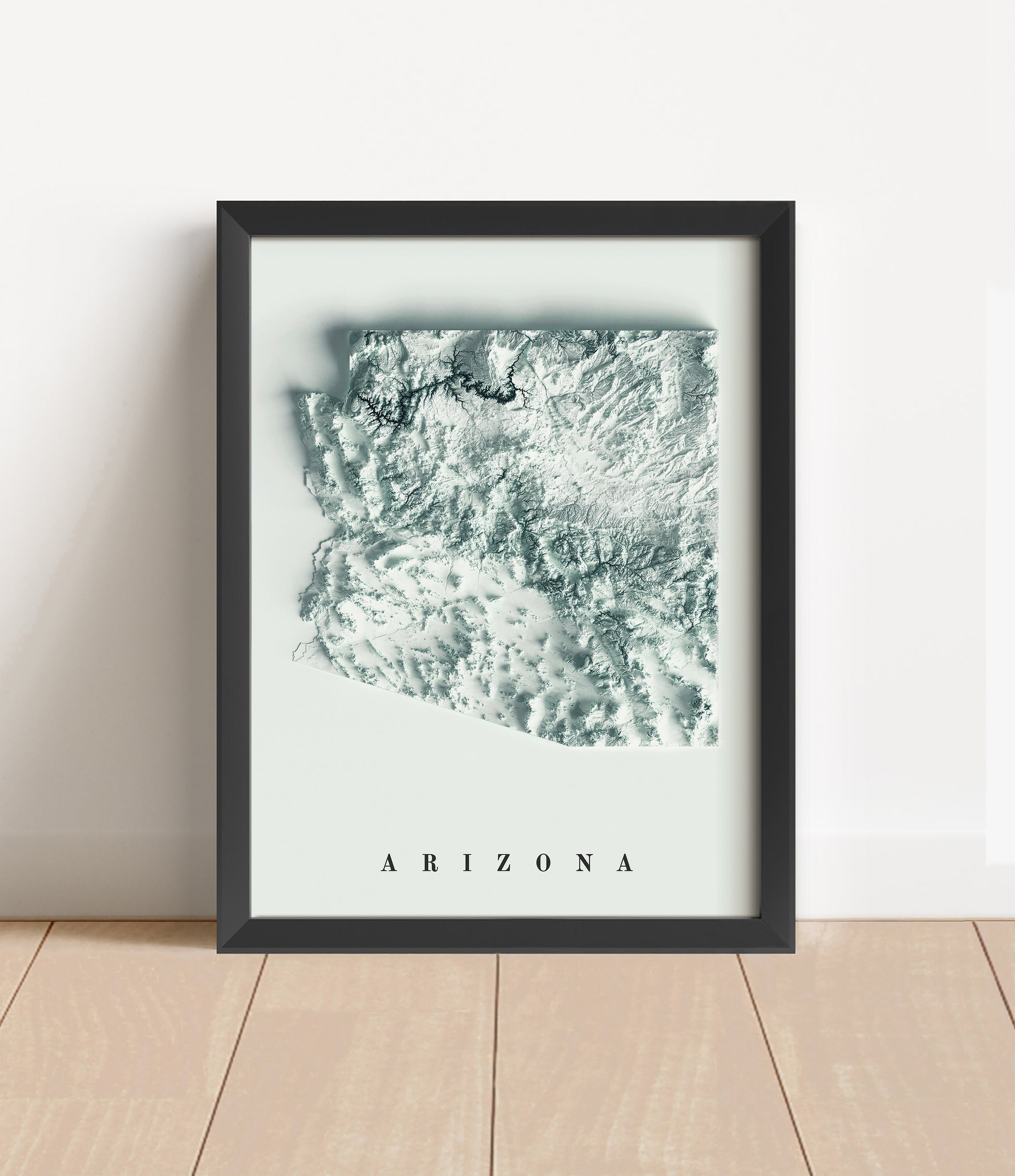 Arizona shaded relief map in black frame. Artistic print with realistic terrain effect for wall decor