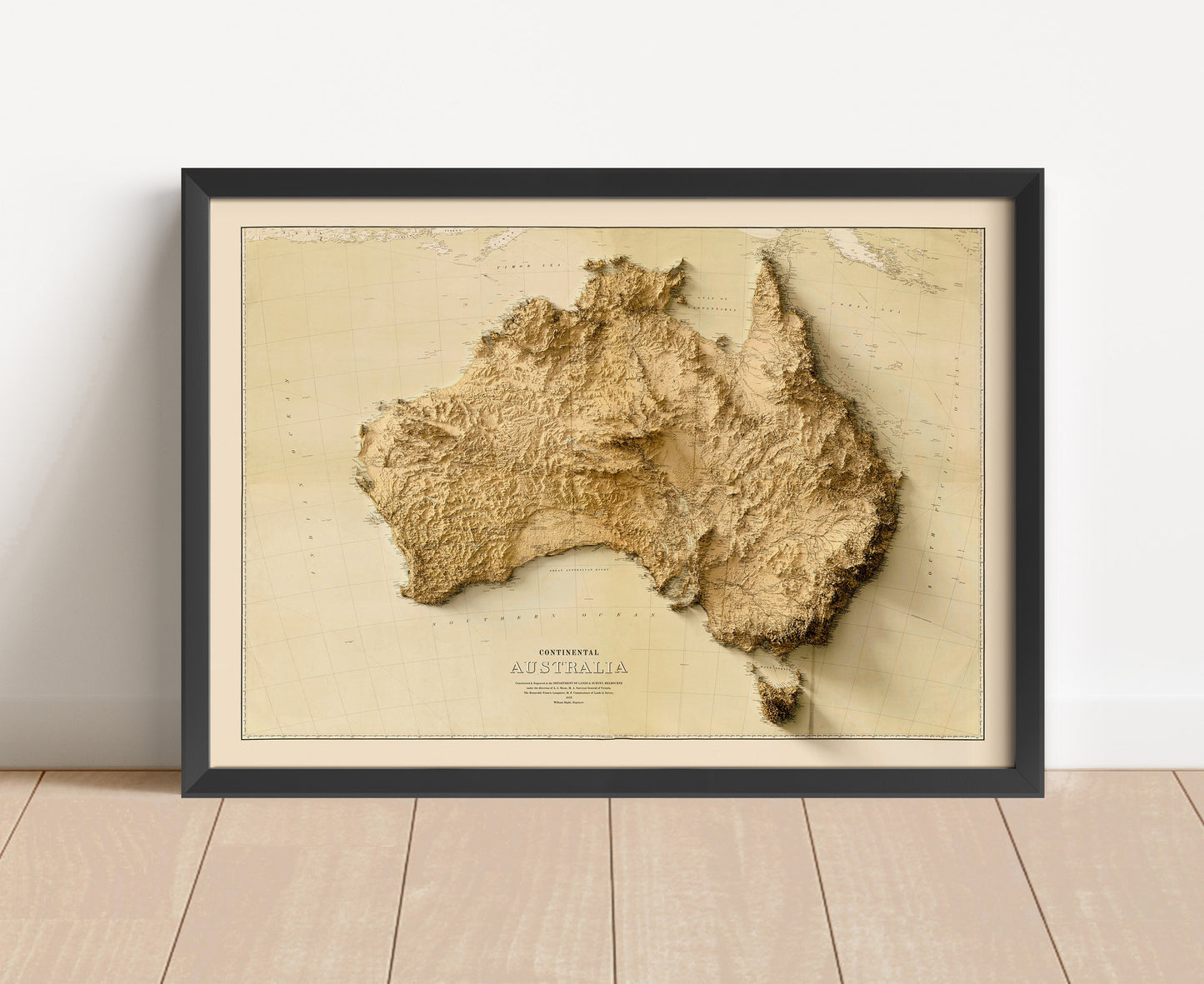 Vintage Australia shaded relief map in black frame. Artistic print with realistic terrain effect for wall decor