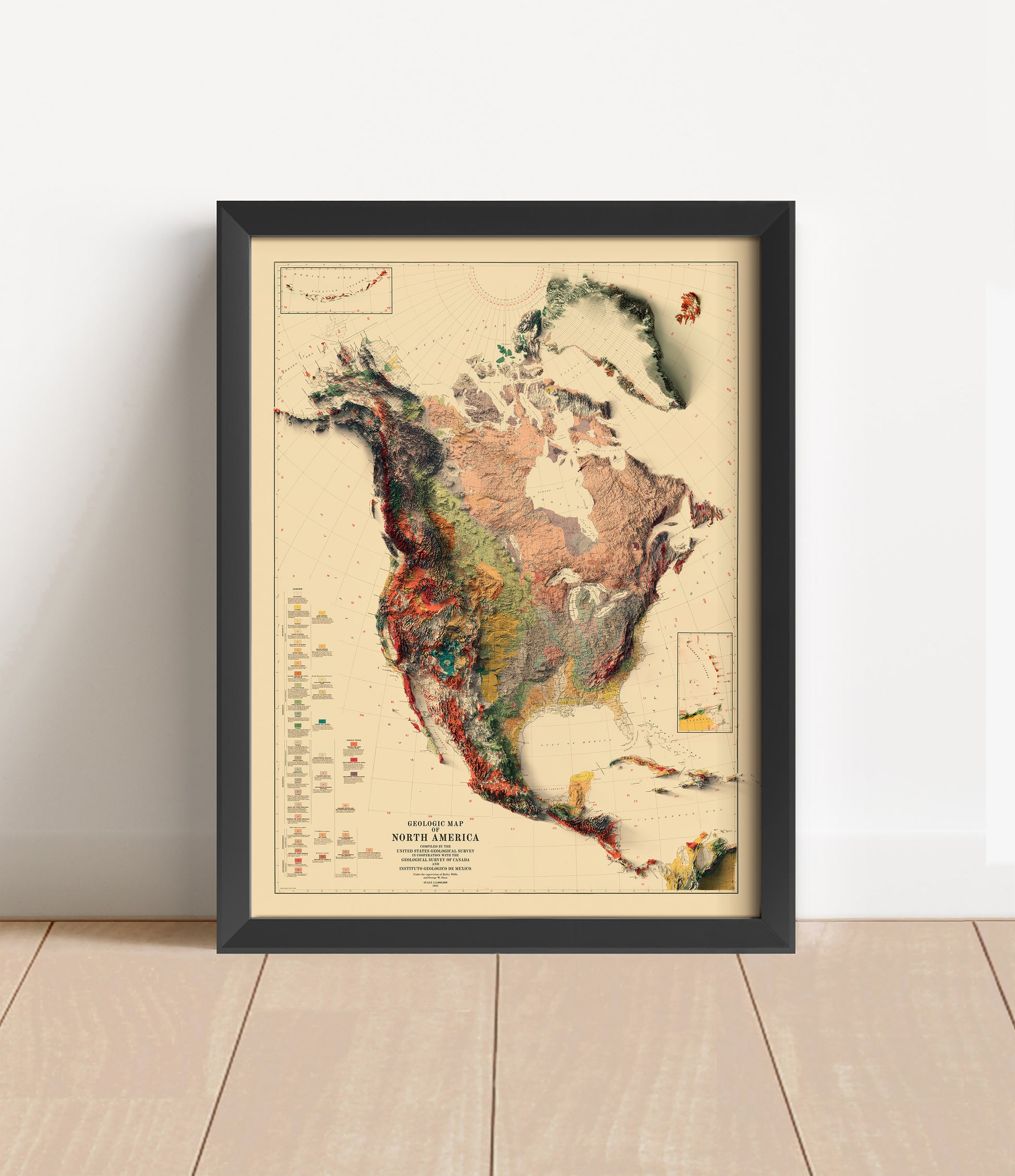 Vintage North and Central Americas shaded relief map in black frame. Artistic print with realistic terrain effect for wall decor
