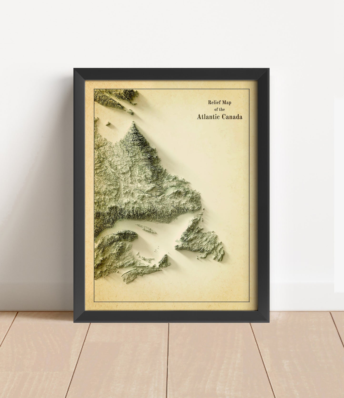 Vintage Atlantic Canada shaded relief map in black frame. Artistic print with realistic terrain effect for wall decor