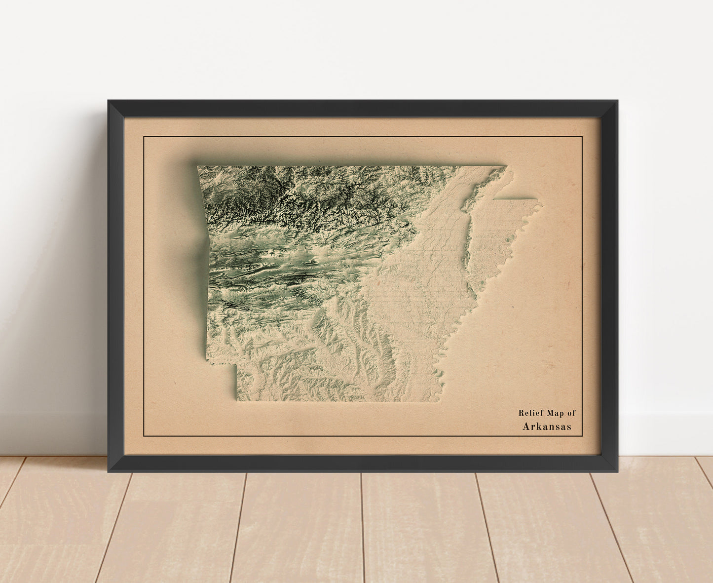 Vintage Arkansas shaded relief map in black frame. Artistic print with realistic terrain effect for wall decor