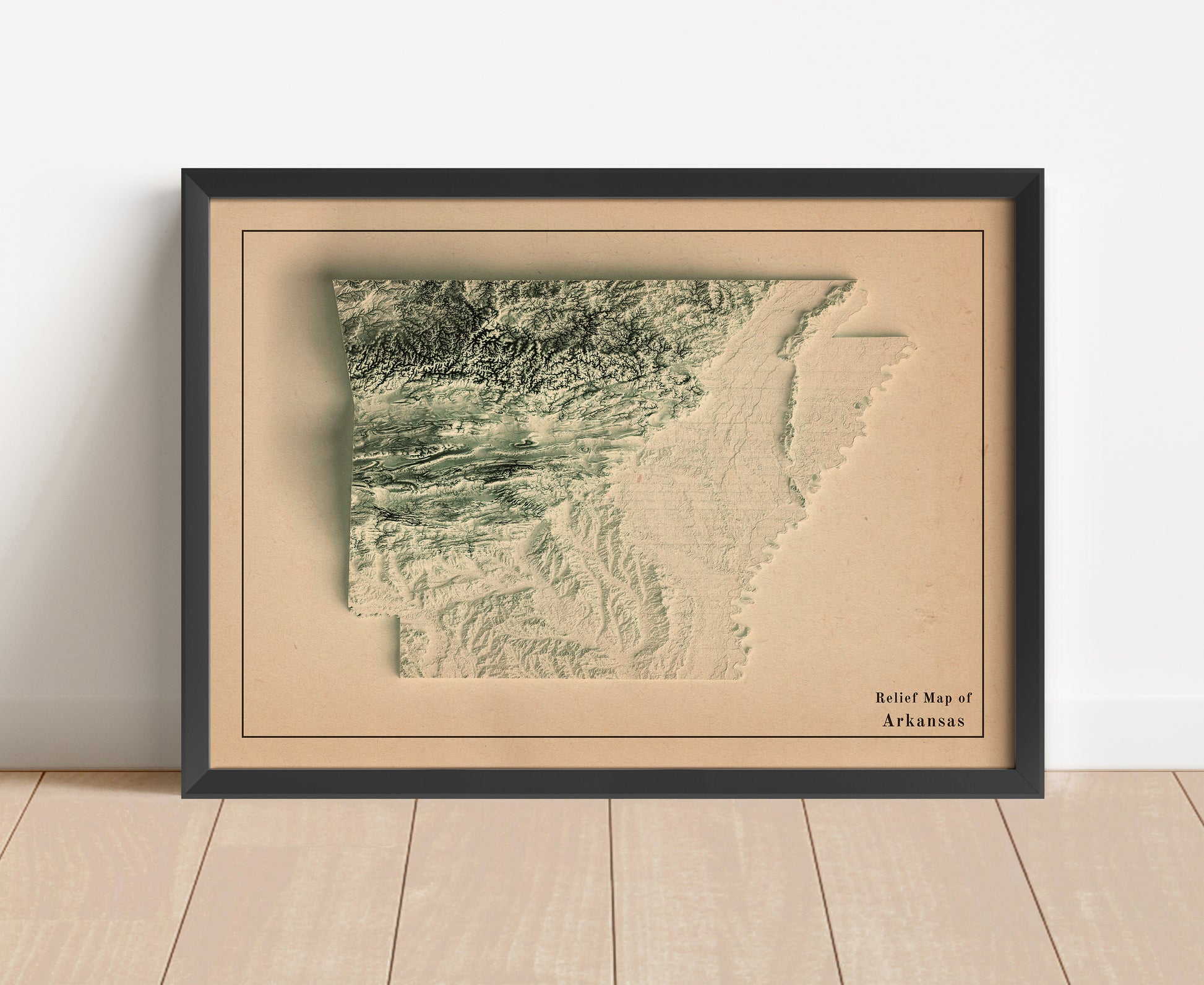 Vintage Arkansas shaded relief map in black frame. Artistic print with realistic terrain effect for wall decor