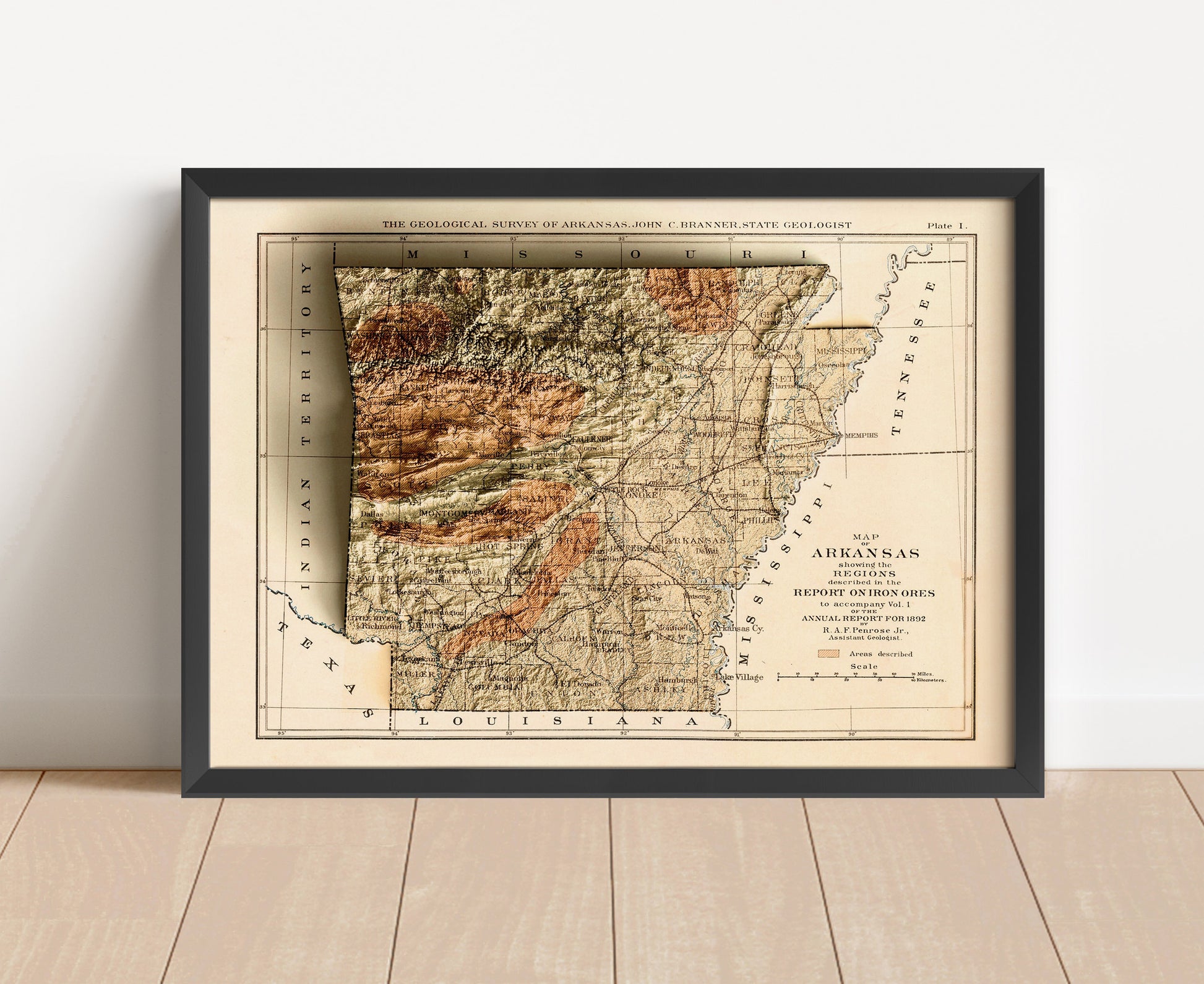 Vintage Arkansas shaded relief map in black frame. Artistic print with realistic terrain effect for wall decor
