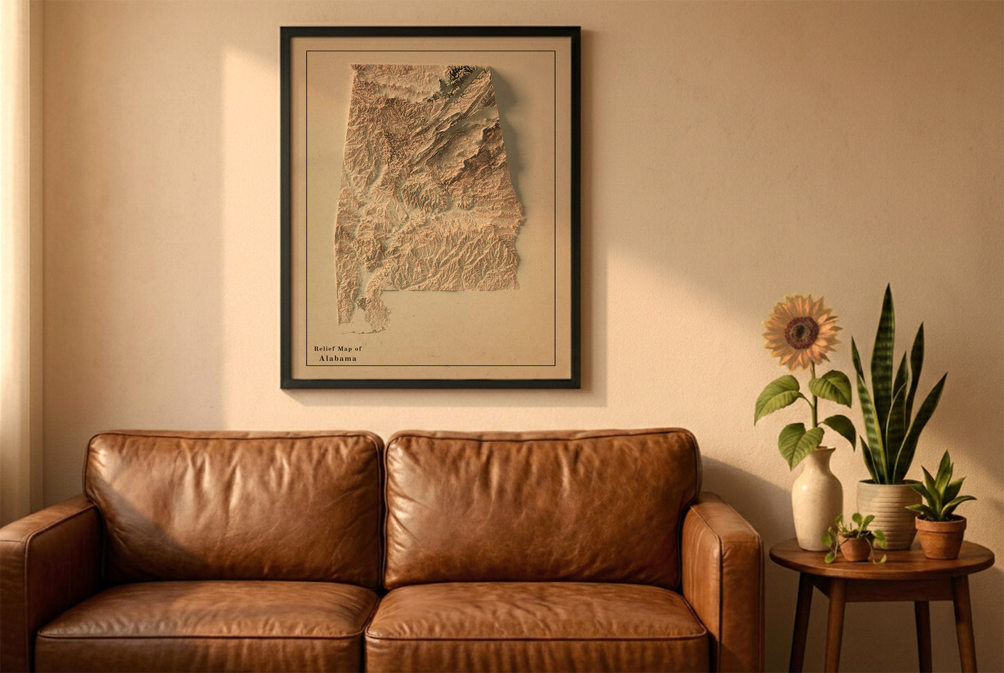 Alabama vintage relief map in a black frame above a brown leather sofa. Boho living room with warm sunlight, sunflower, and indoor plants on a wooden side table