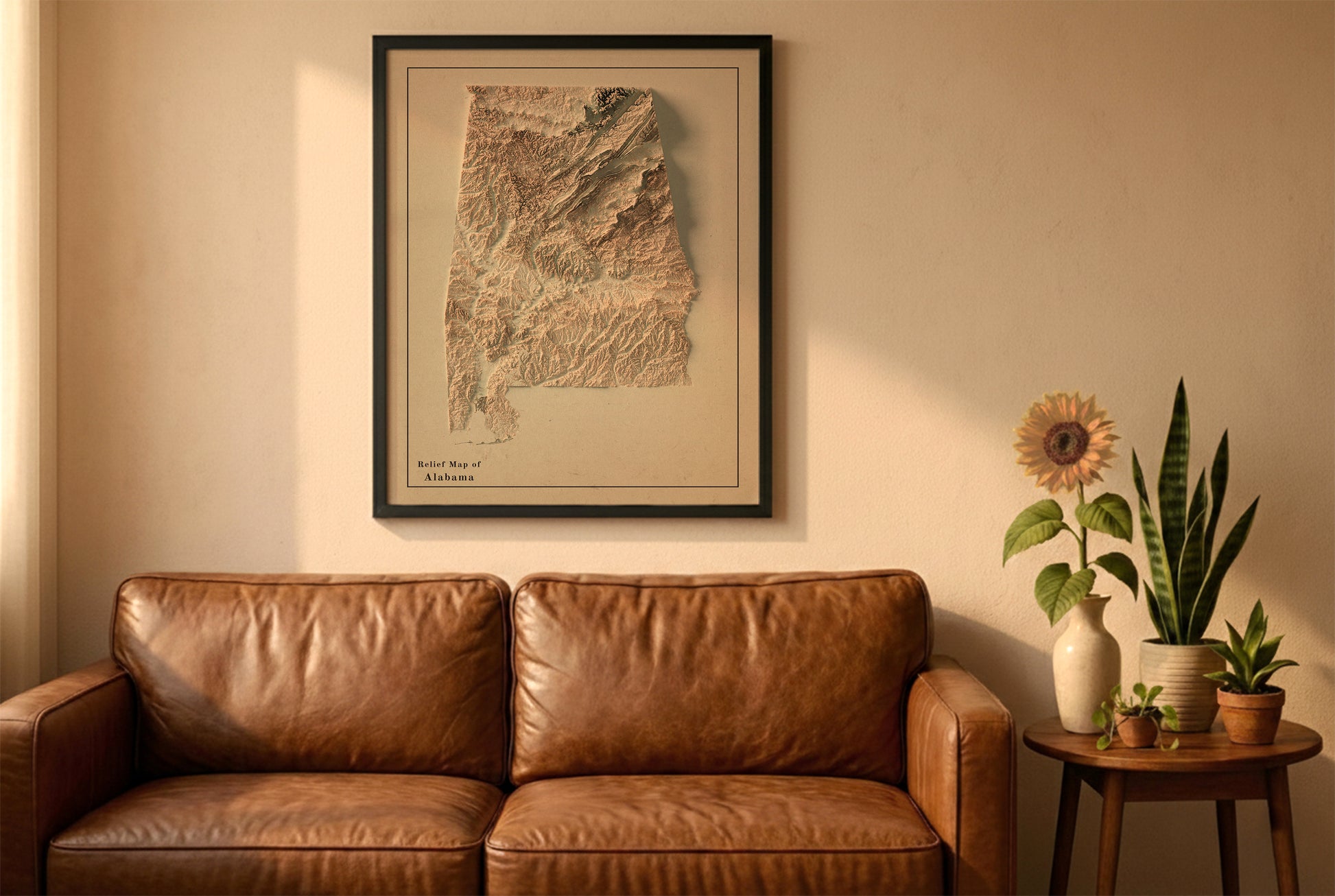 Alabama vintage relief map in a black frame above a brown leather sofa. Boho living room with warm sunlight, sunflower, and indoor plants on a wooden side table