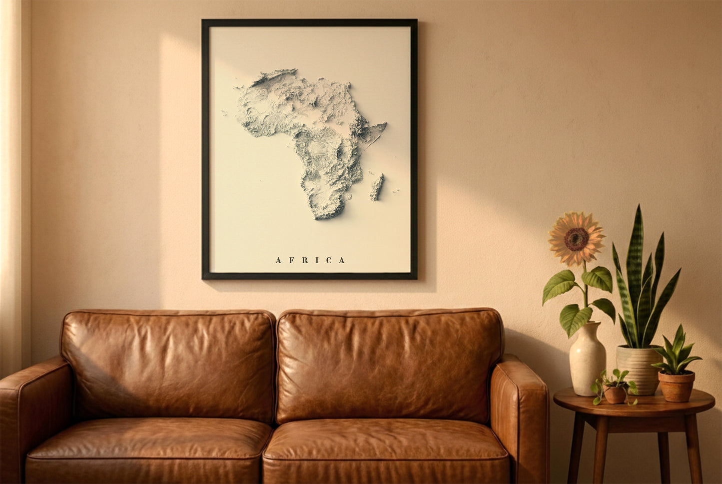 Africa relief map in a black frame above a brown leather sofa. Boho living room with warm sunlight, sunflower, and indoor plants on a wooden side table
