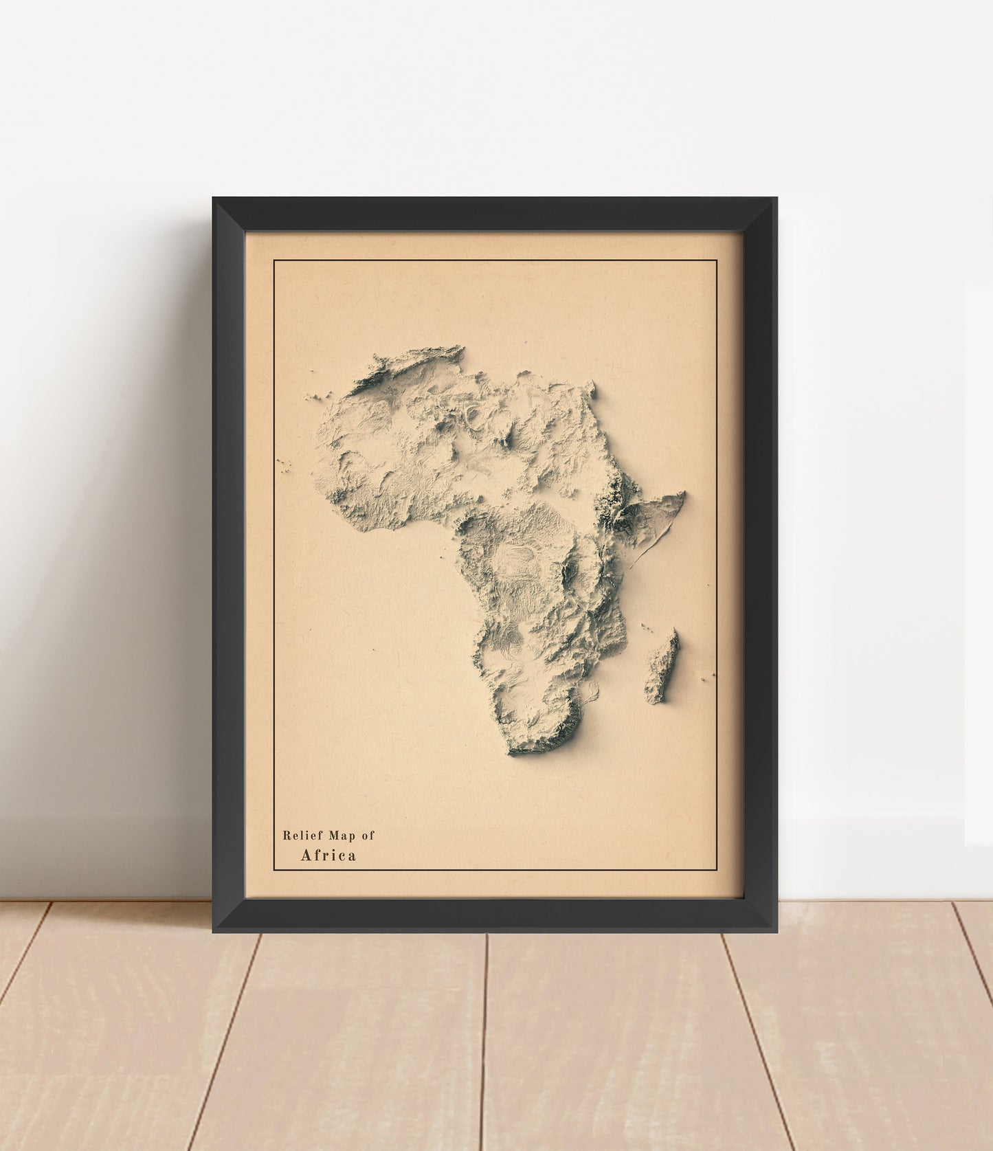 Vintage Africa shaded relief map in black frame. Artistic print with realistic terrain effect for wall decor