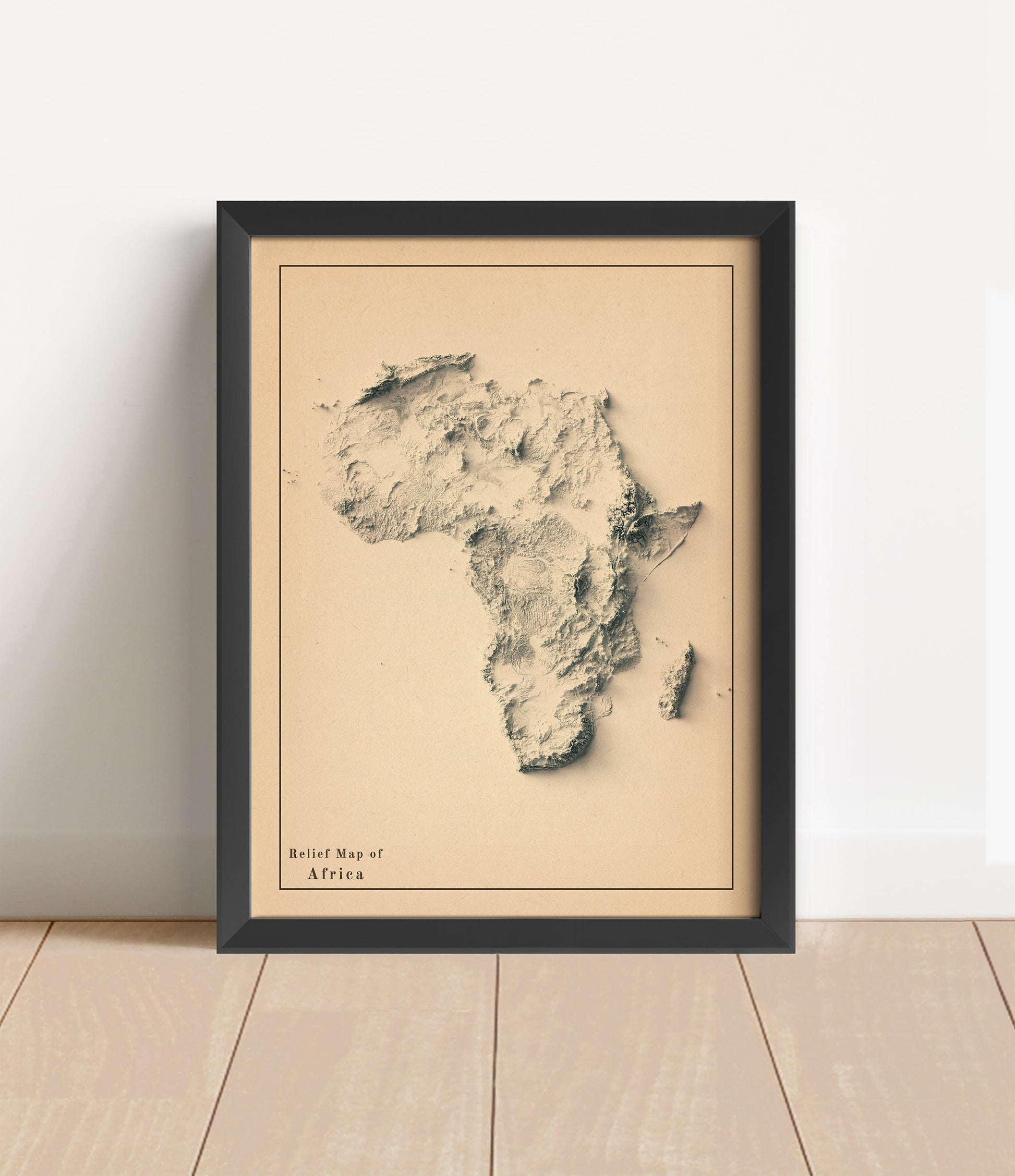 Vintage Africa shaded relief map in black frame. Artistic print with realistic terrain effect for wall decor