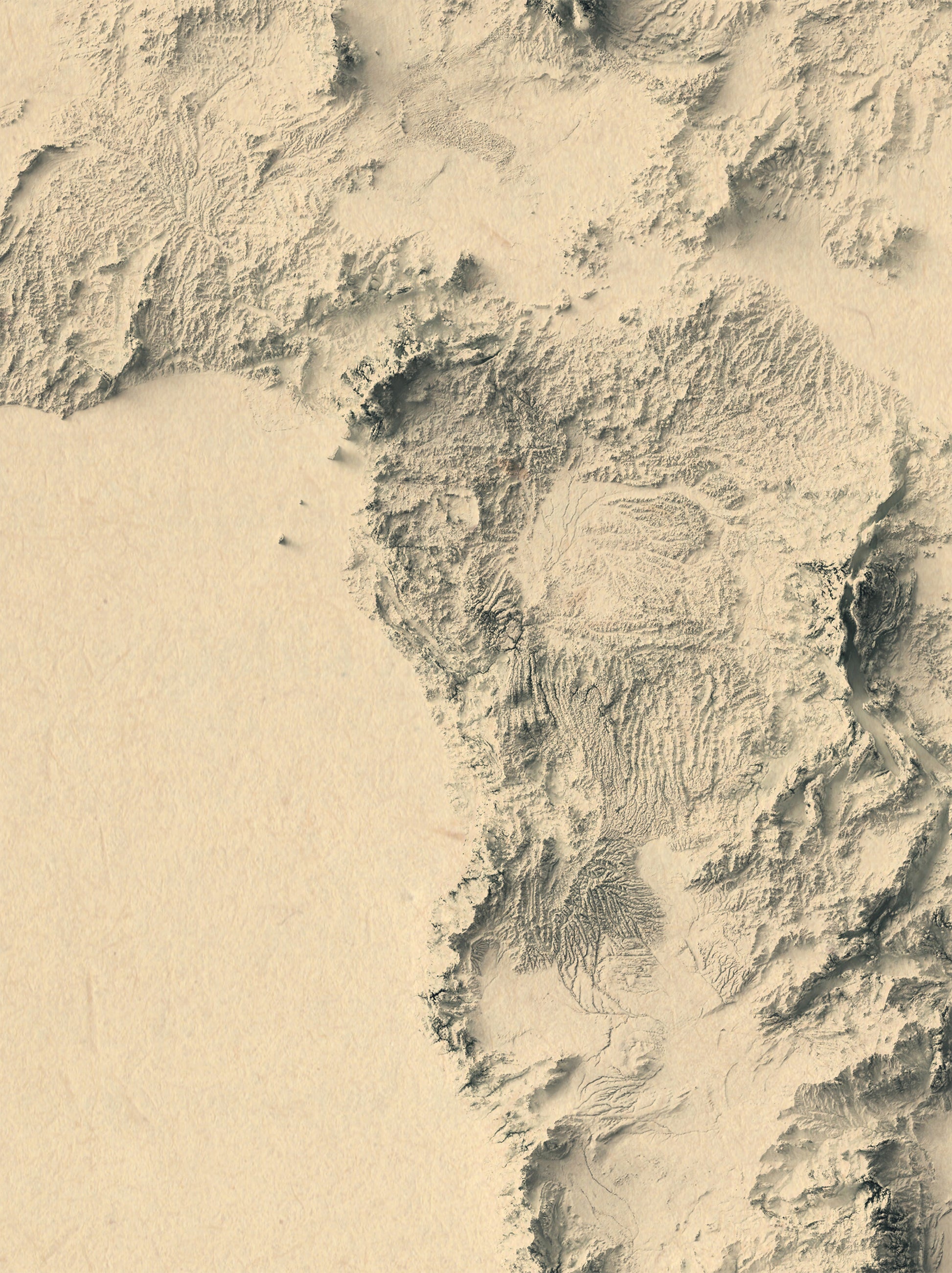 Detailed close-up of an Africa relief map, showcasing textured topography and geographic contours
