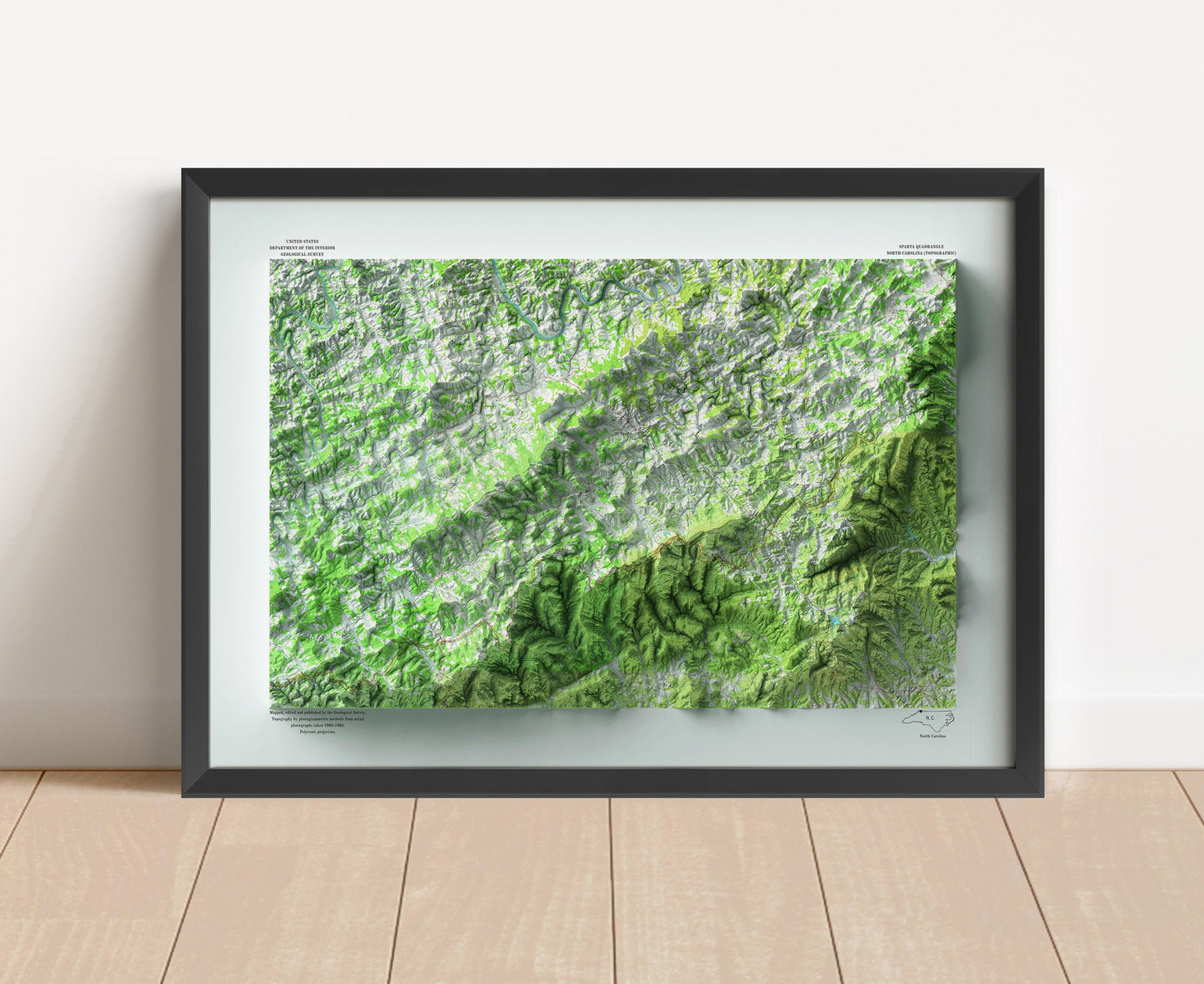 Vintage Alleghany County North Carolina shaded relief map in black frame. Artistic print with realistic terrain effect for wall decor