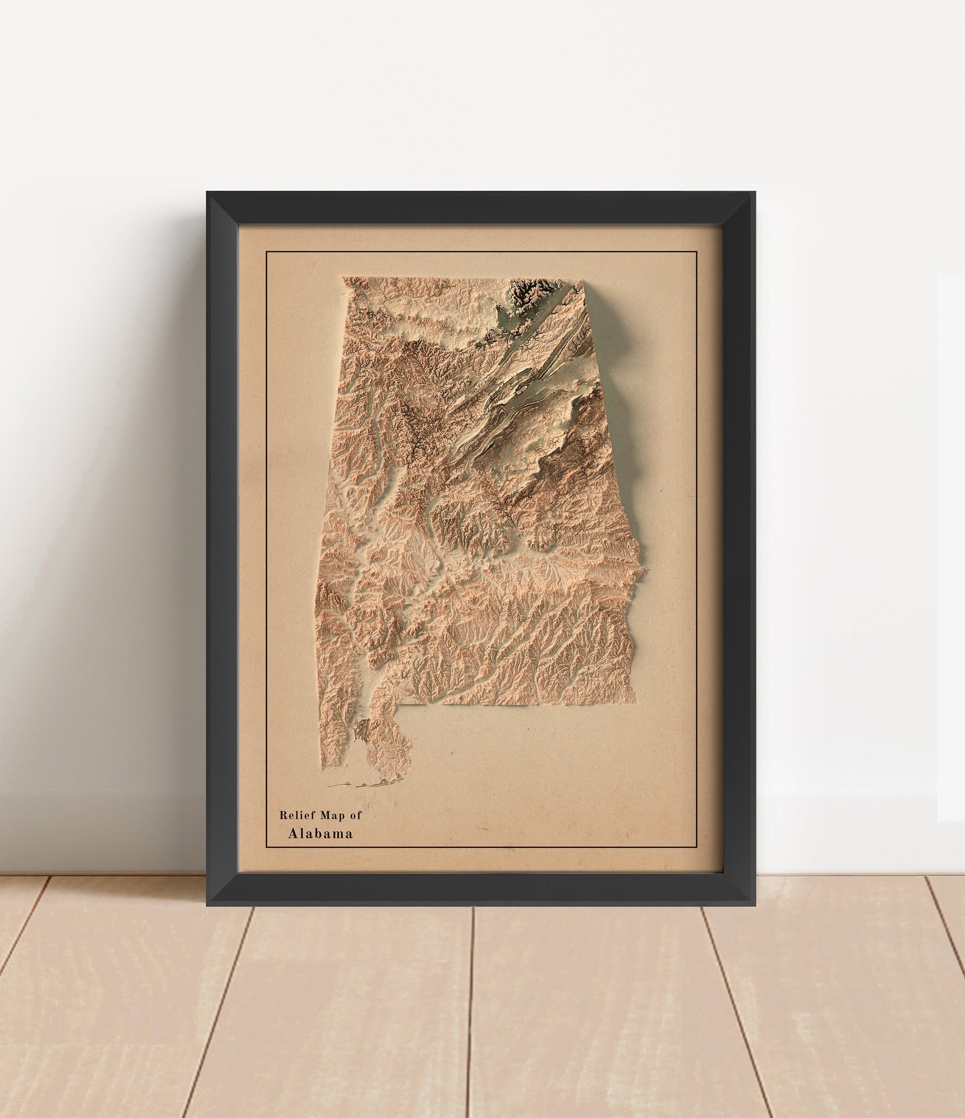Vintage Alabama shaded relief map in black frame. Artistic print with realistic terrain effect for wall decor