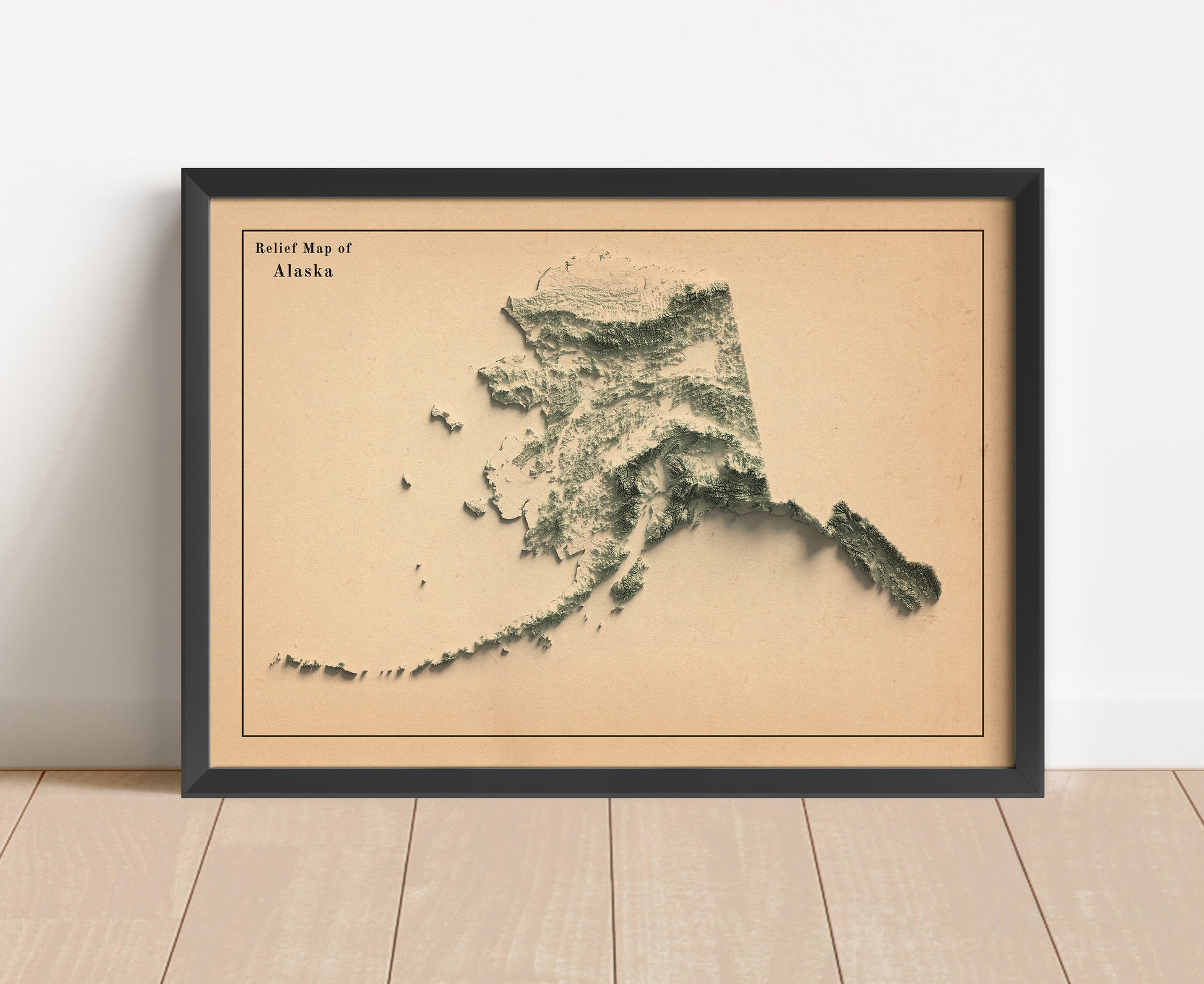 Vintage Alaska shaded relief map in black frame. Artistic print with realistic terrain effect for wall decor