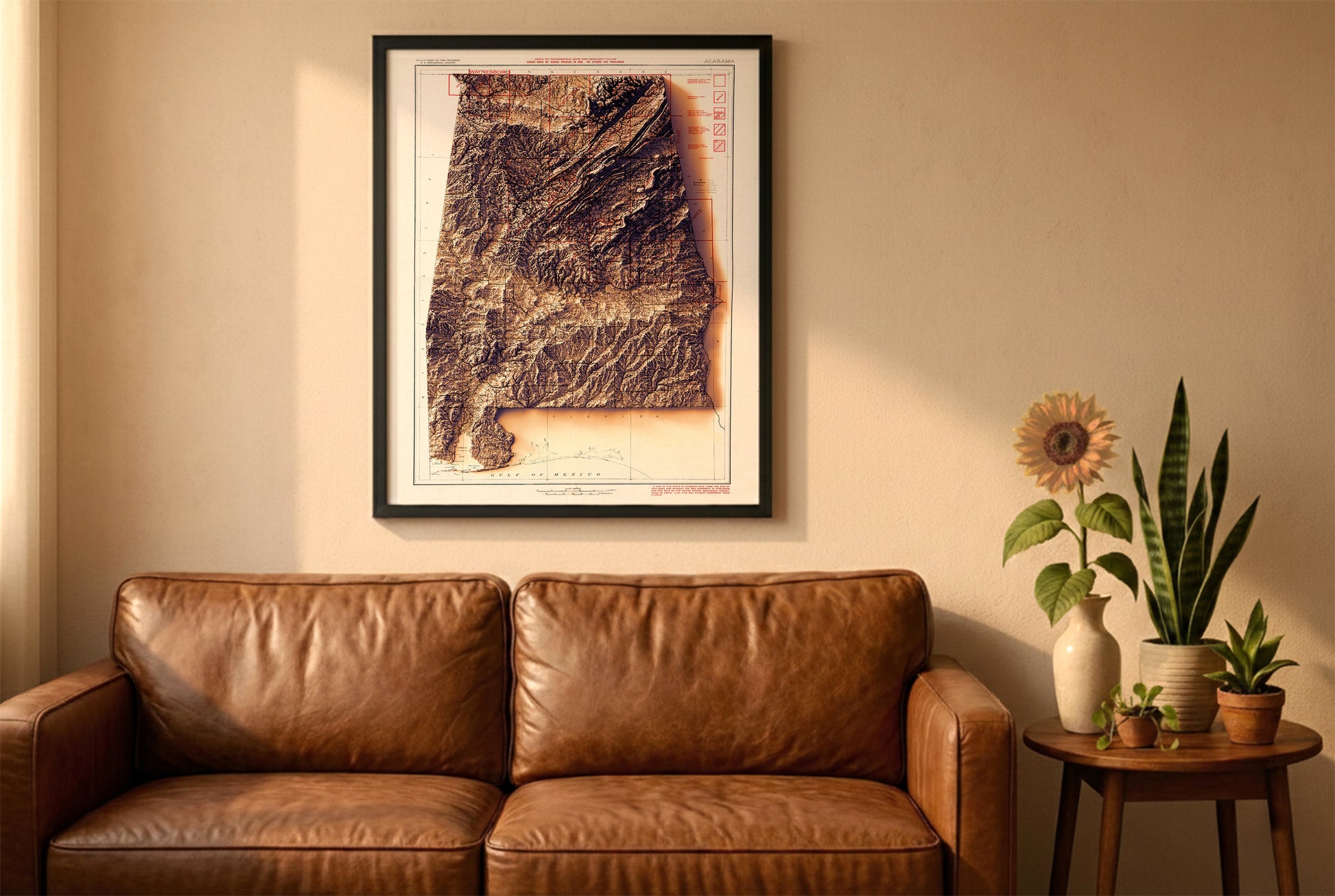 Alabama vintage relief map in a black frame above a brown leather sofa. Boho living room with warm sunlight, sunflower, and indoor plants on a wooden side table