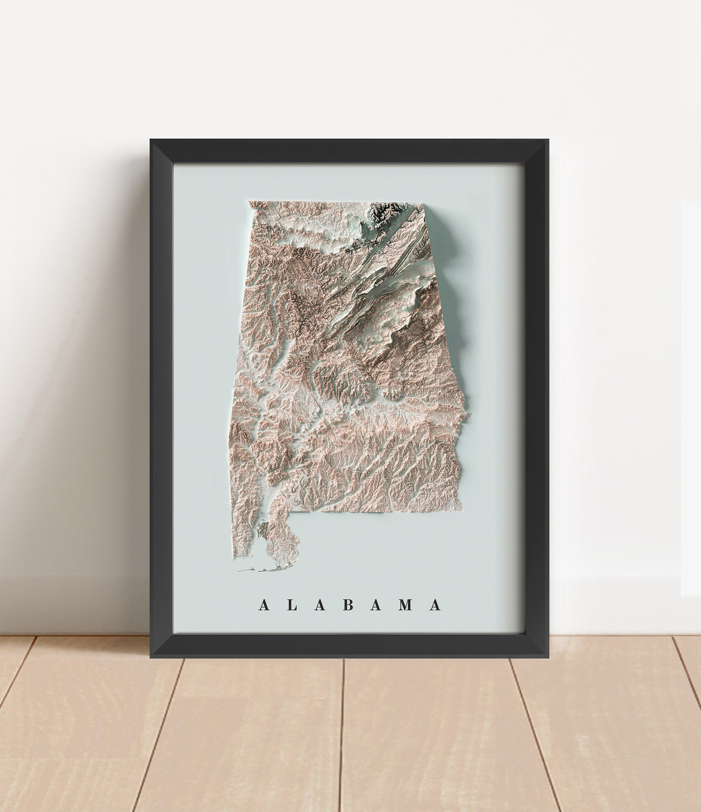 Alabama shaded relief map in black frame. Artistic print with realistic terrain effect for wall decor