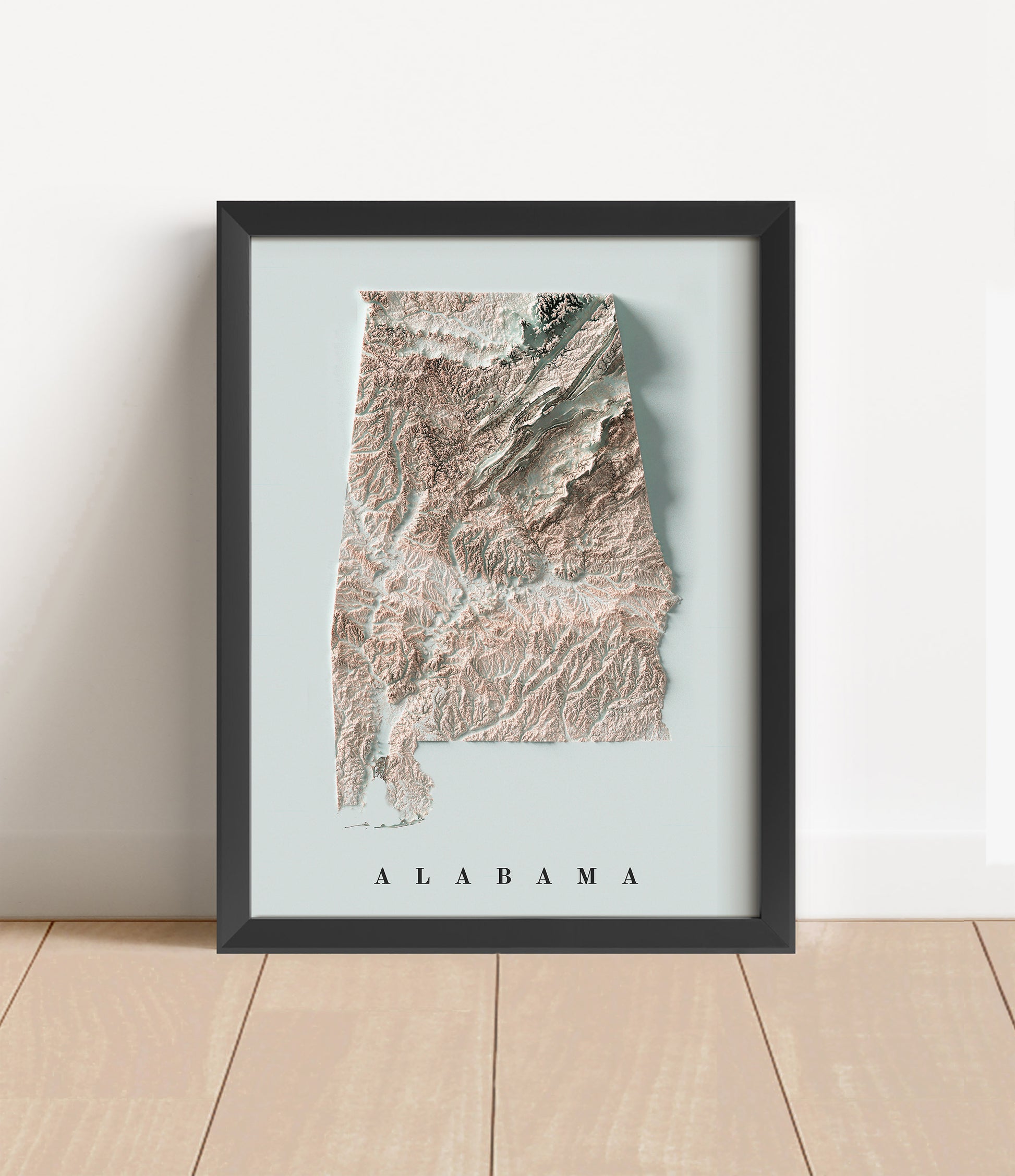 Alabama shaded relief map in black frame. Artistic print with realistic terrain effect for wall decor