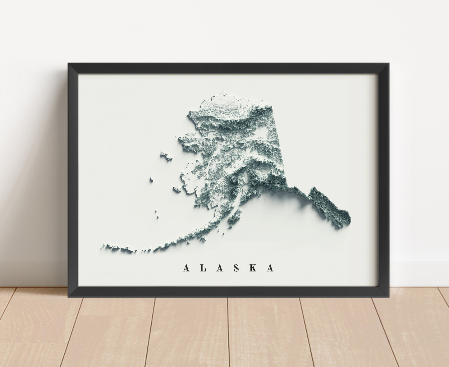 Alaska shaded relief map in black frame. Artistic print with realistic terrain effect for wall decor