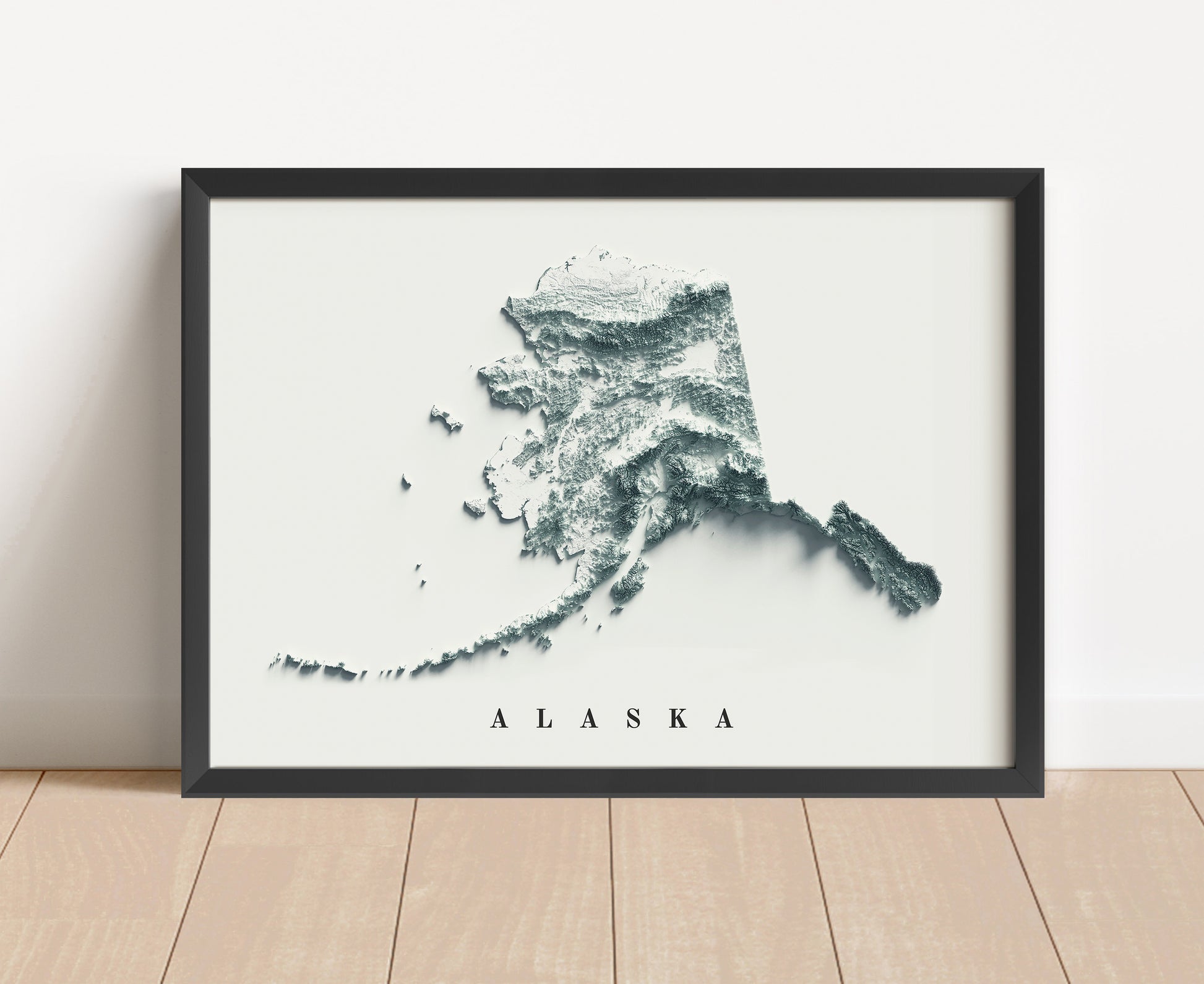 Alaska shaded relief map in black frame. Artistic print with realistic terrain effect for wall decor