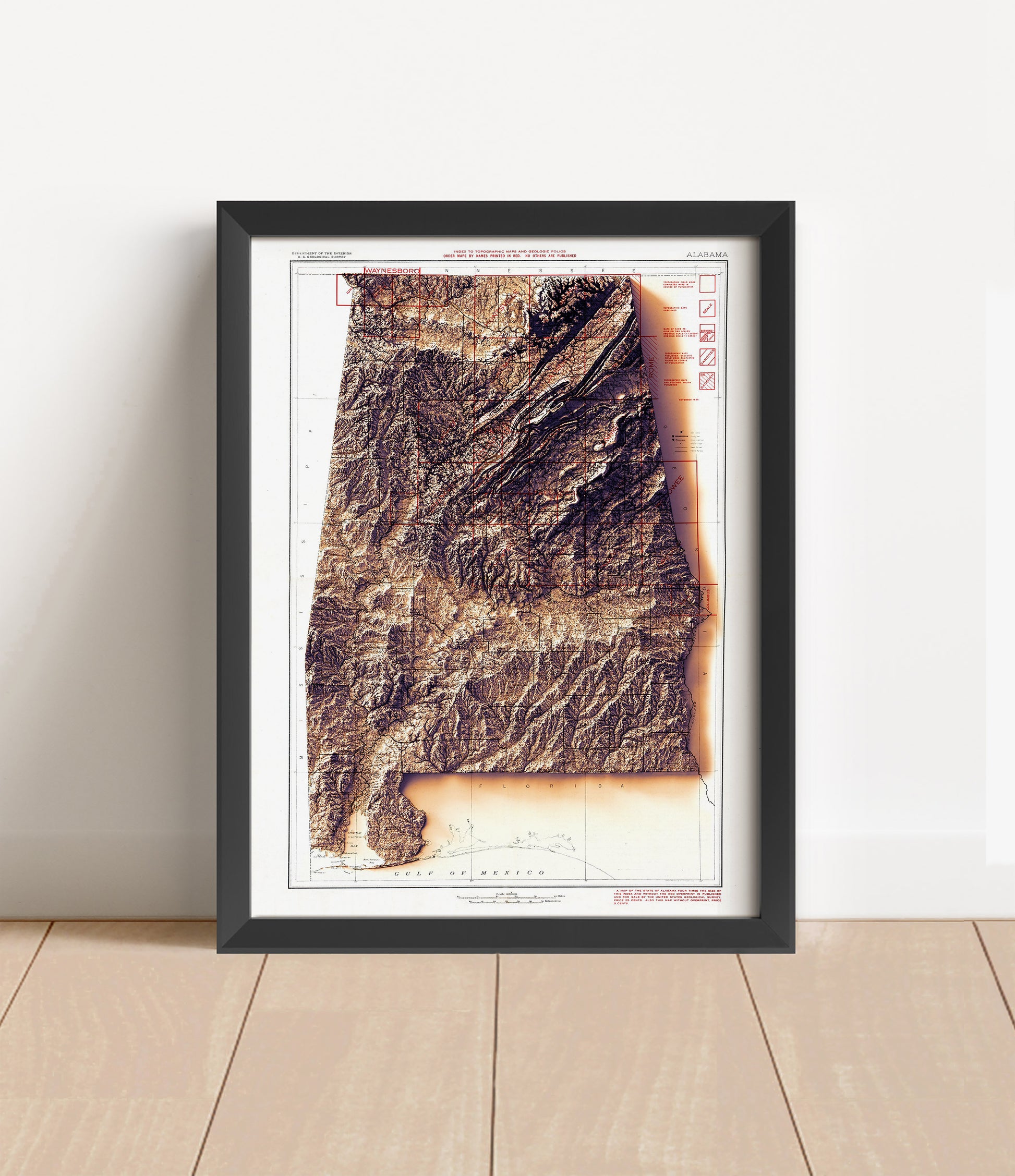 Vintage Alabama shaded relief map in black frame. Artistic print with realistic terrain effect for wall decor