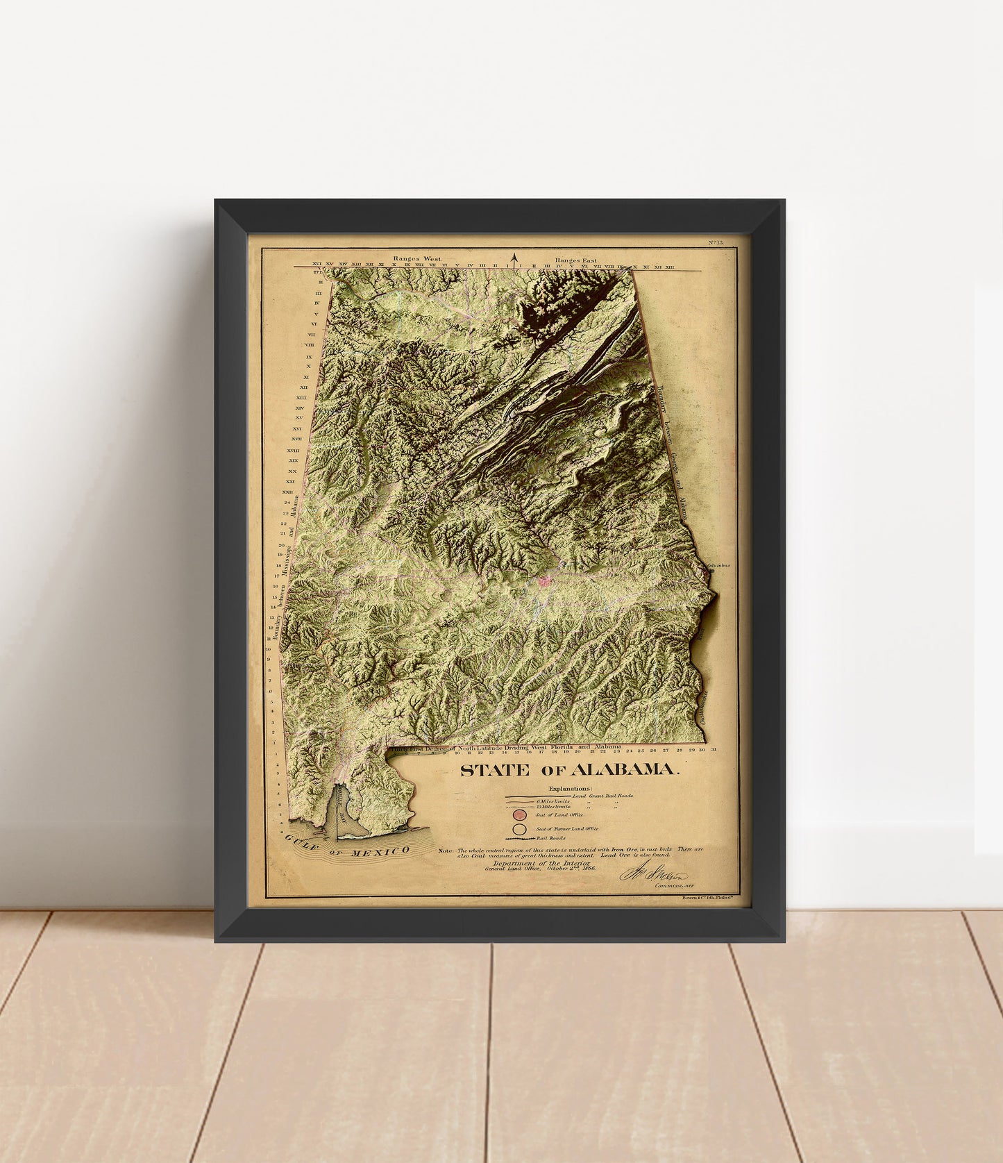 Vintage Alabama shaded relief map in black frame. Artistic print with realistic terrain effect for wall decor