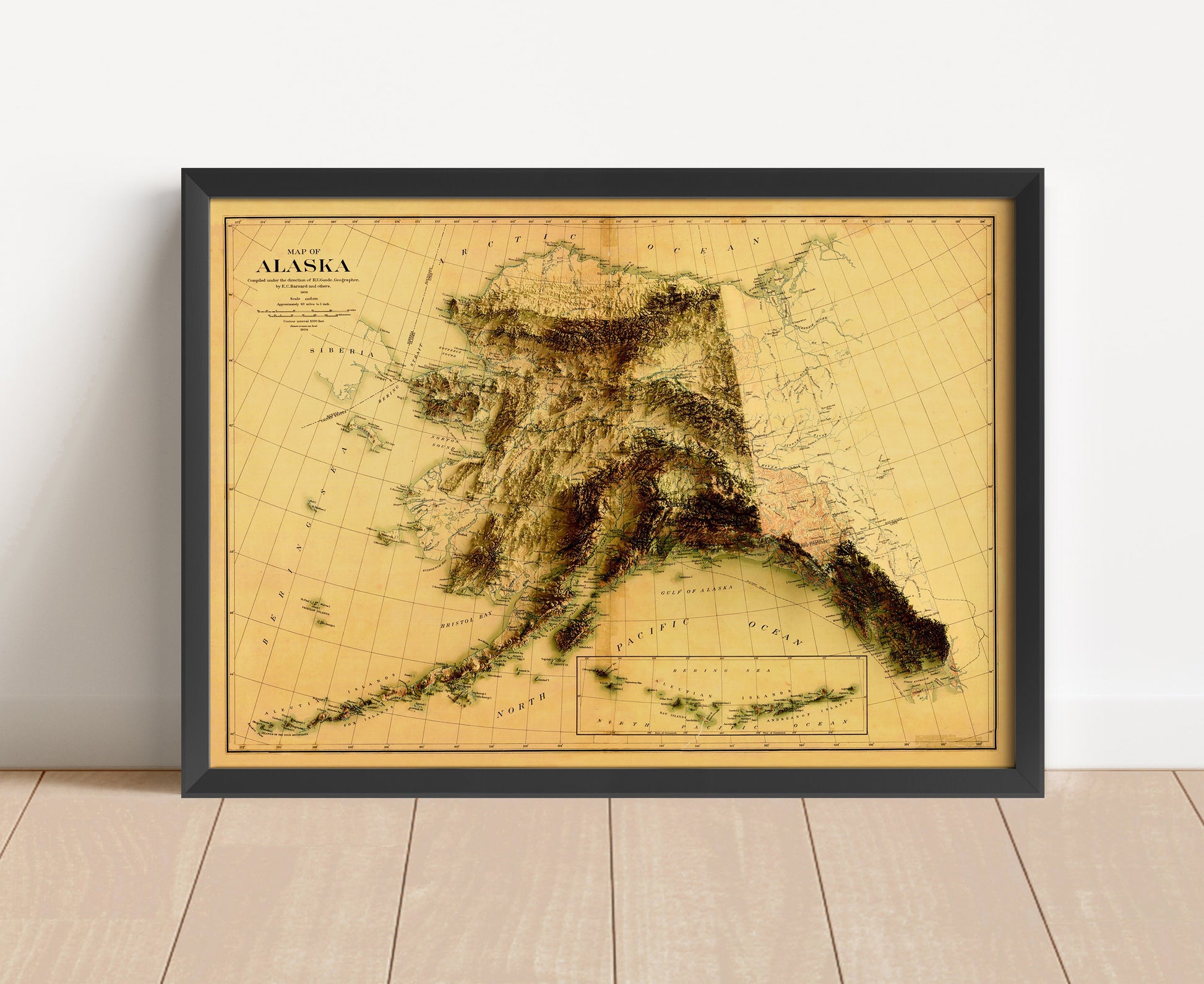 Vintage Alaska shaded relief map in black frame. Artistic print with realistic terrain effect for wall decor