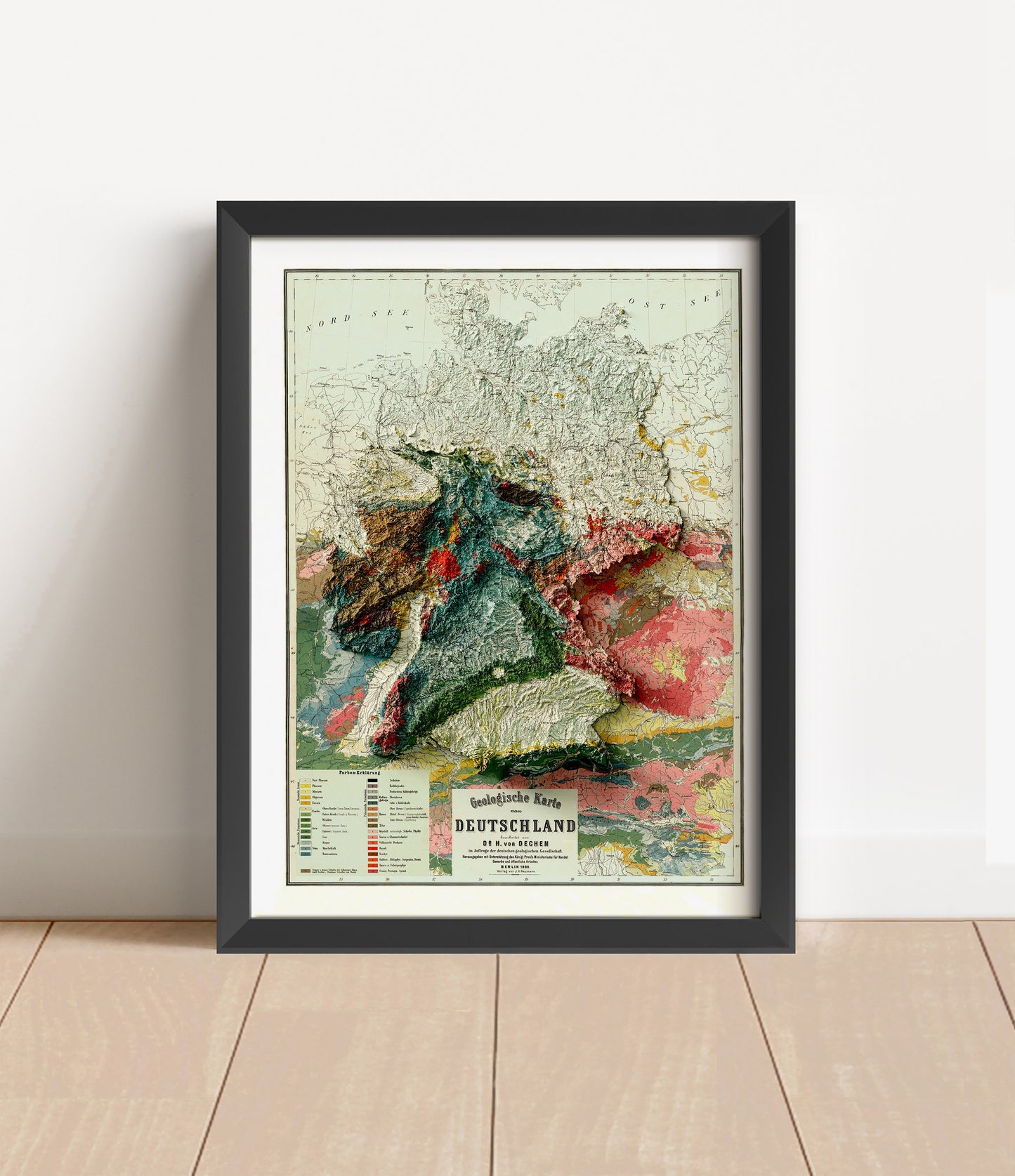Vintage Germany shaded relief map in black frame. Artistic print with realistic terrain effect for wall decor