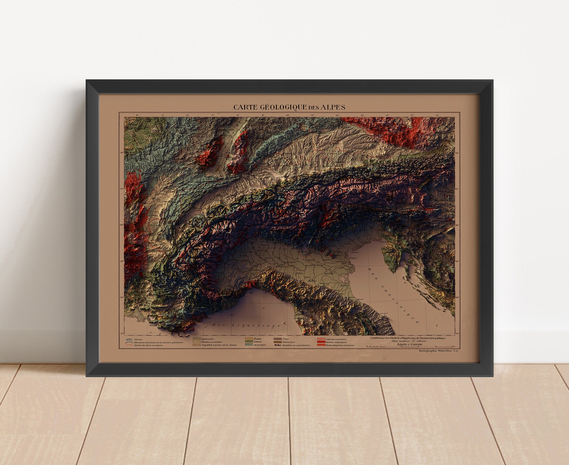 Vintage Alps shaded relief map in black frame. Artistic print with realistic terrain effect for wall decor