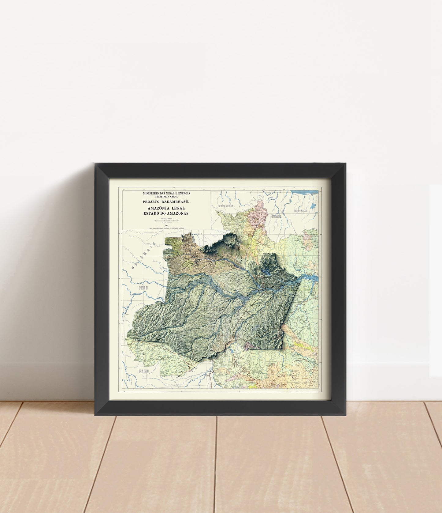 Vintage Amazonas state, Brazil, shaded relief map in black frame. Artistic print with realistic terrain effect for wall decor