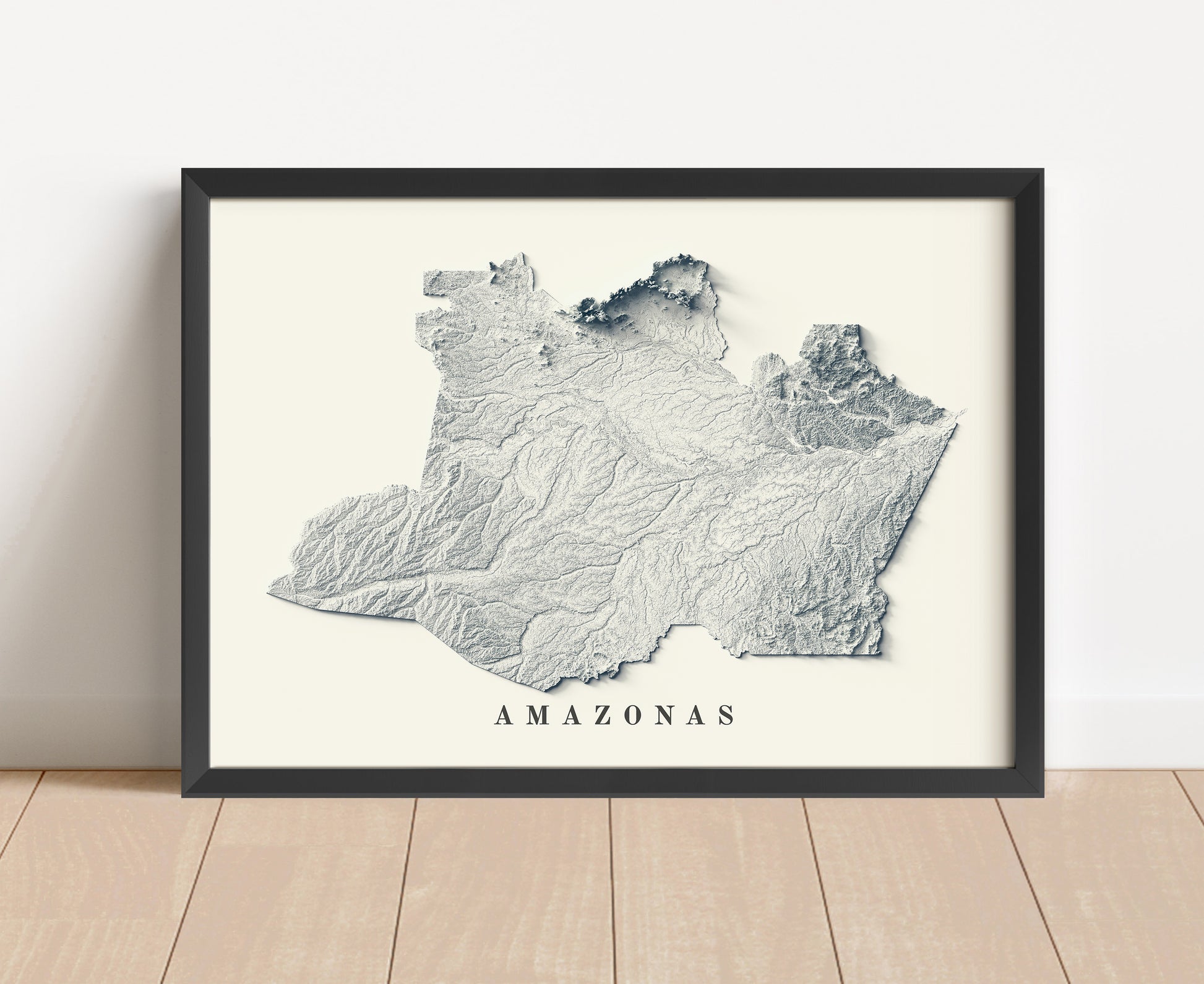 Amazonas state, Brazil, shaded relief map in black frame. Artistic print with realistic terrain effect for wall decor