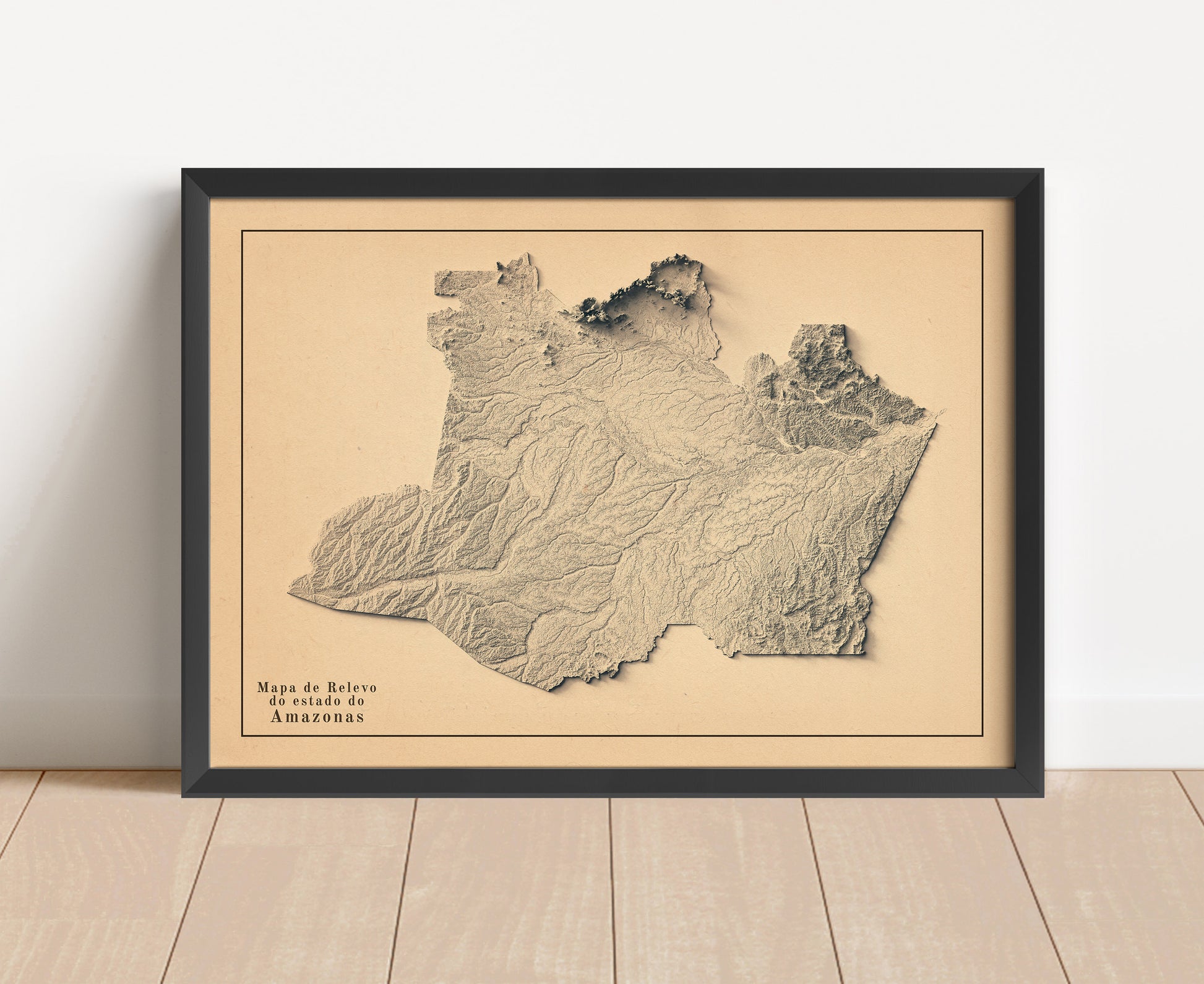 Vintage Amazonas state, Brazil, shaded relief map in black frame. Artistic print with realistic terrain effect for wall decor
