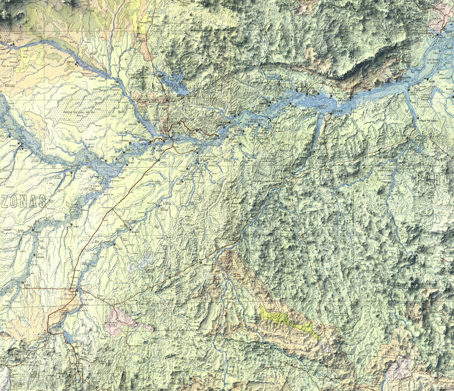 vintage shaded relief map of the amazon rainforest, brazil