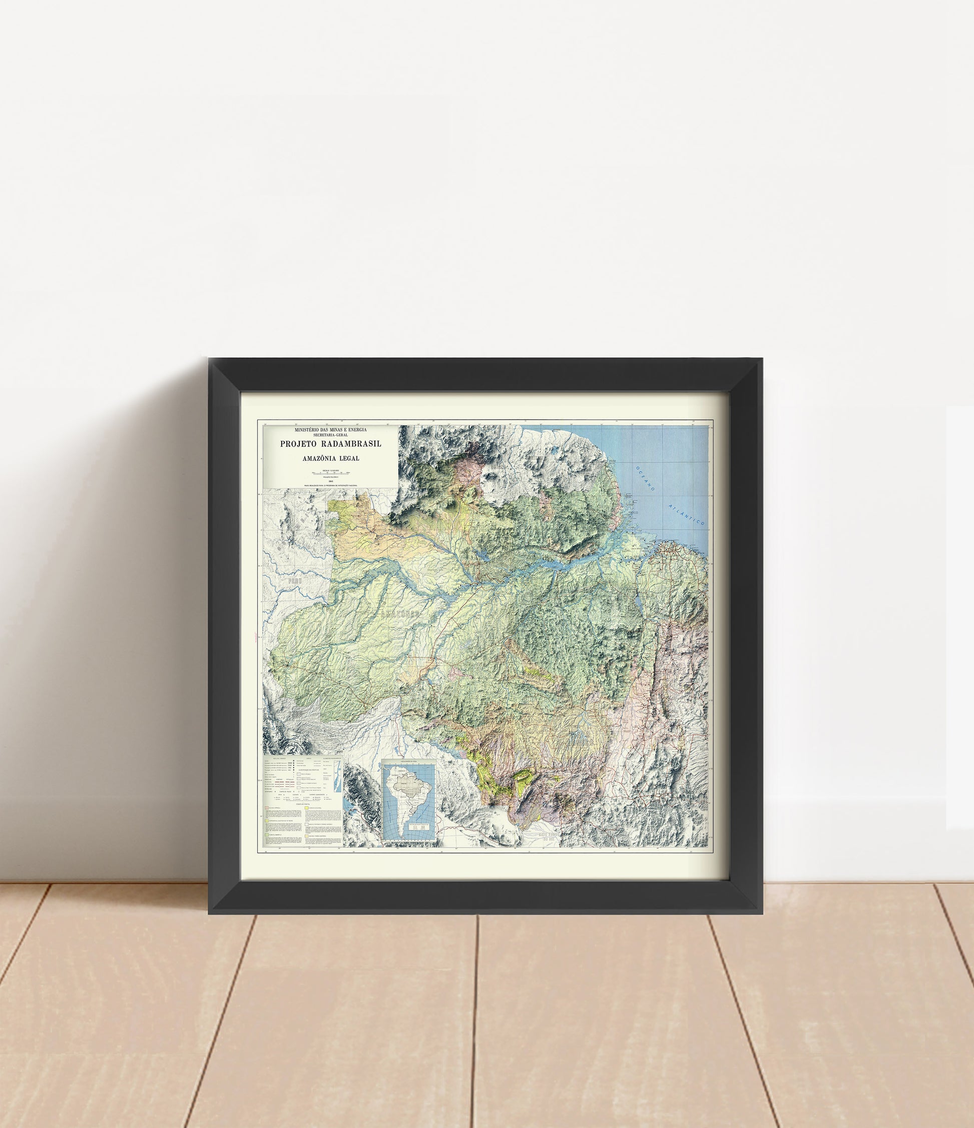 Vintage Amazon shaded relief map in black frame. Artistic print with realistic terrain effect for wall decor