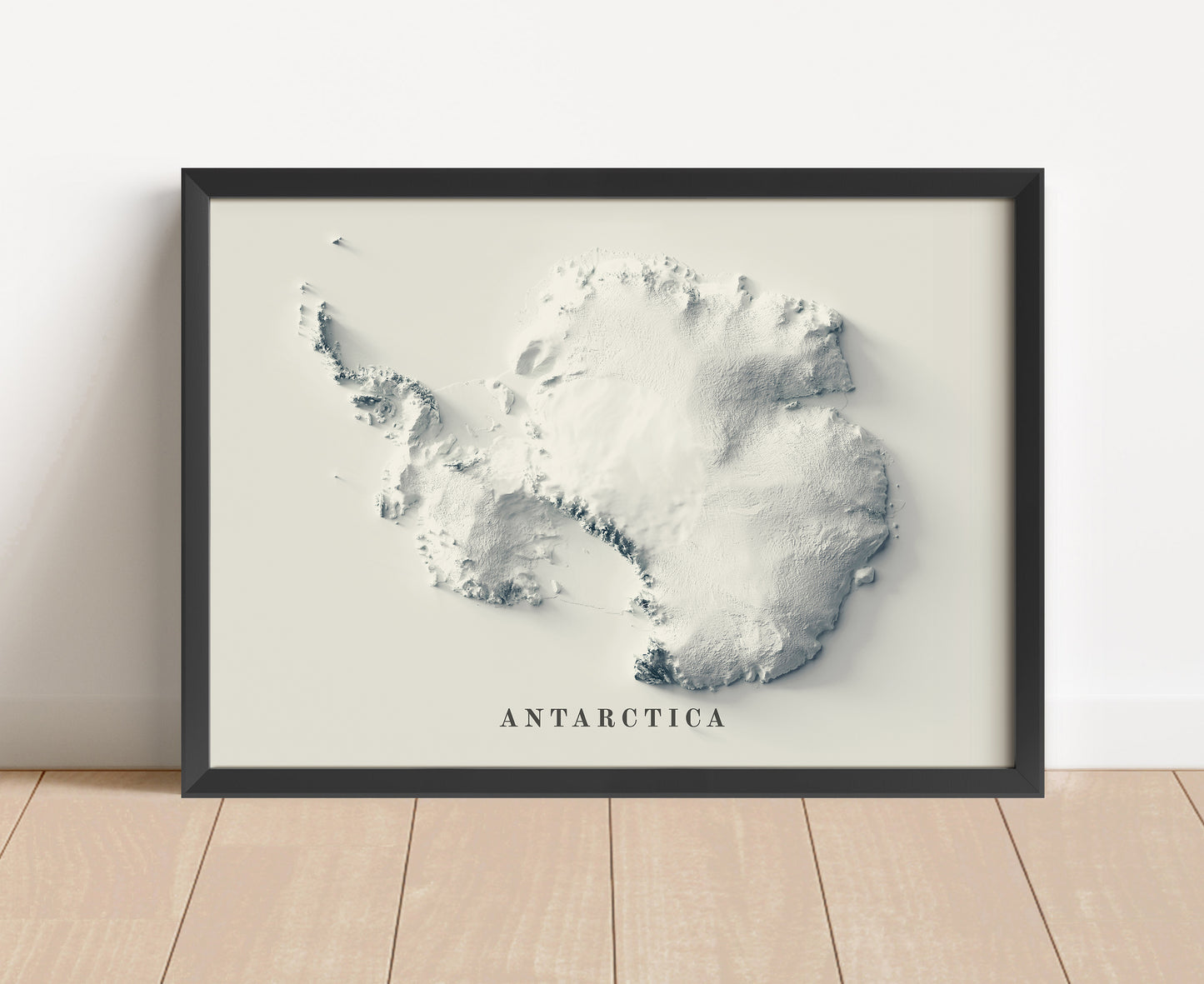 Antarctica shaded relief map in black frame. Artistic print with realistic terrain effect for wall decor