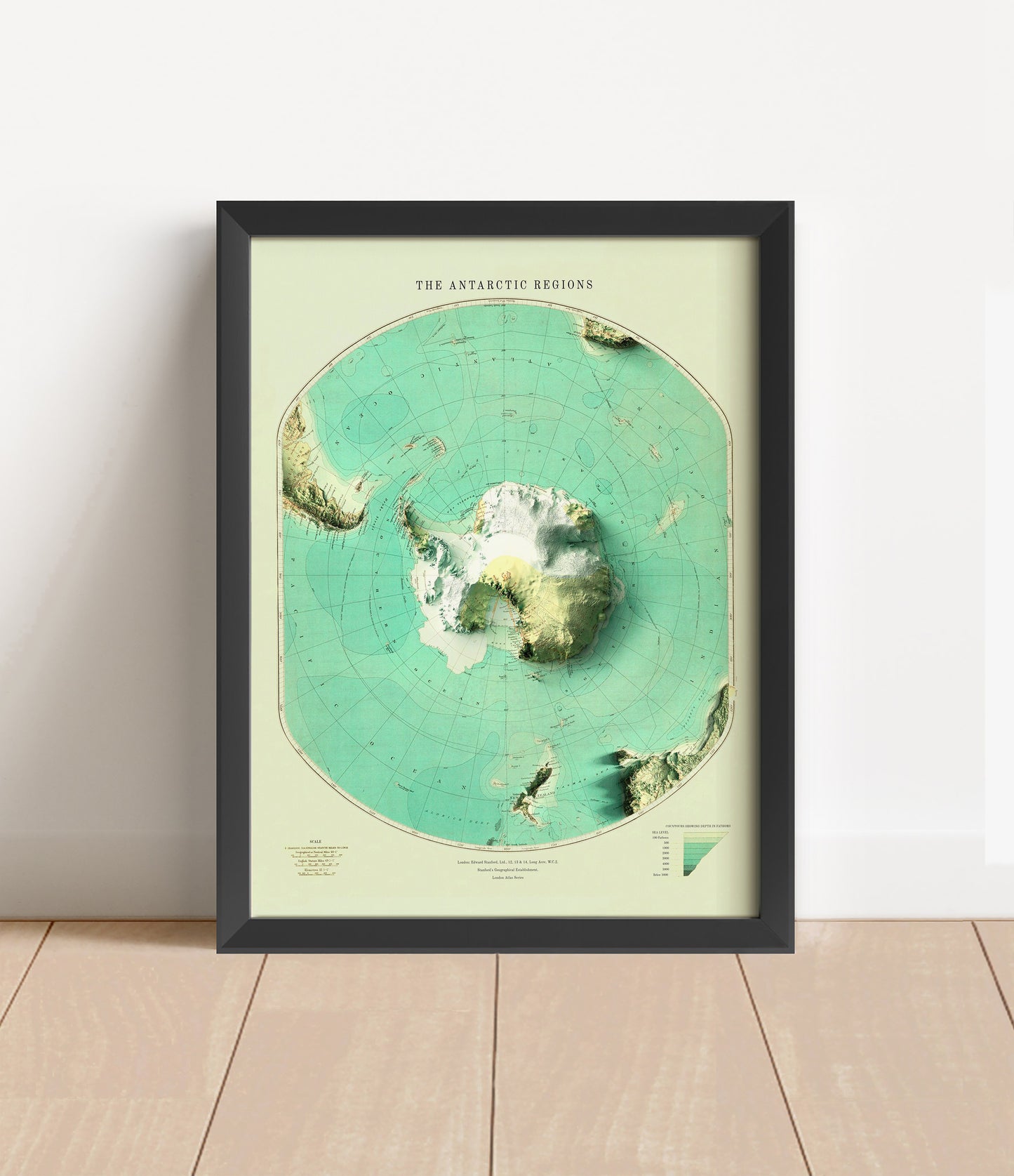 Vintage Antarctica shaded relief map in black frame. Artistic print with realistic terrain effect for wall decor