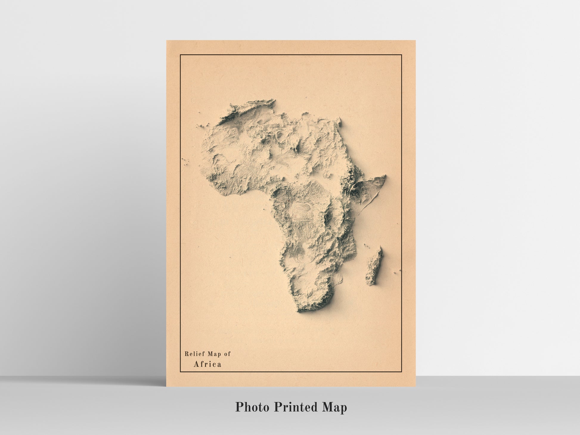 Shaded relief map of Africa print, highlighting topography. Ideal for home decor and geography lovers