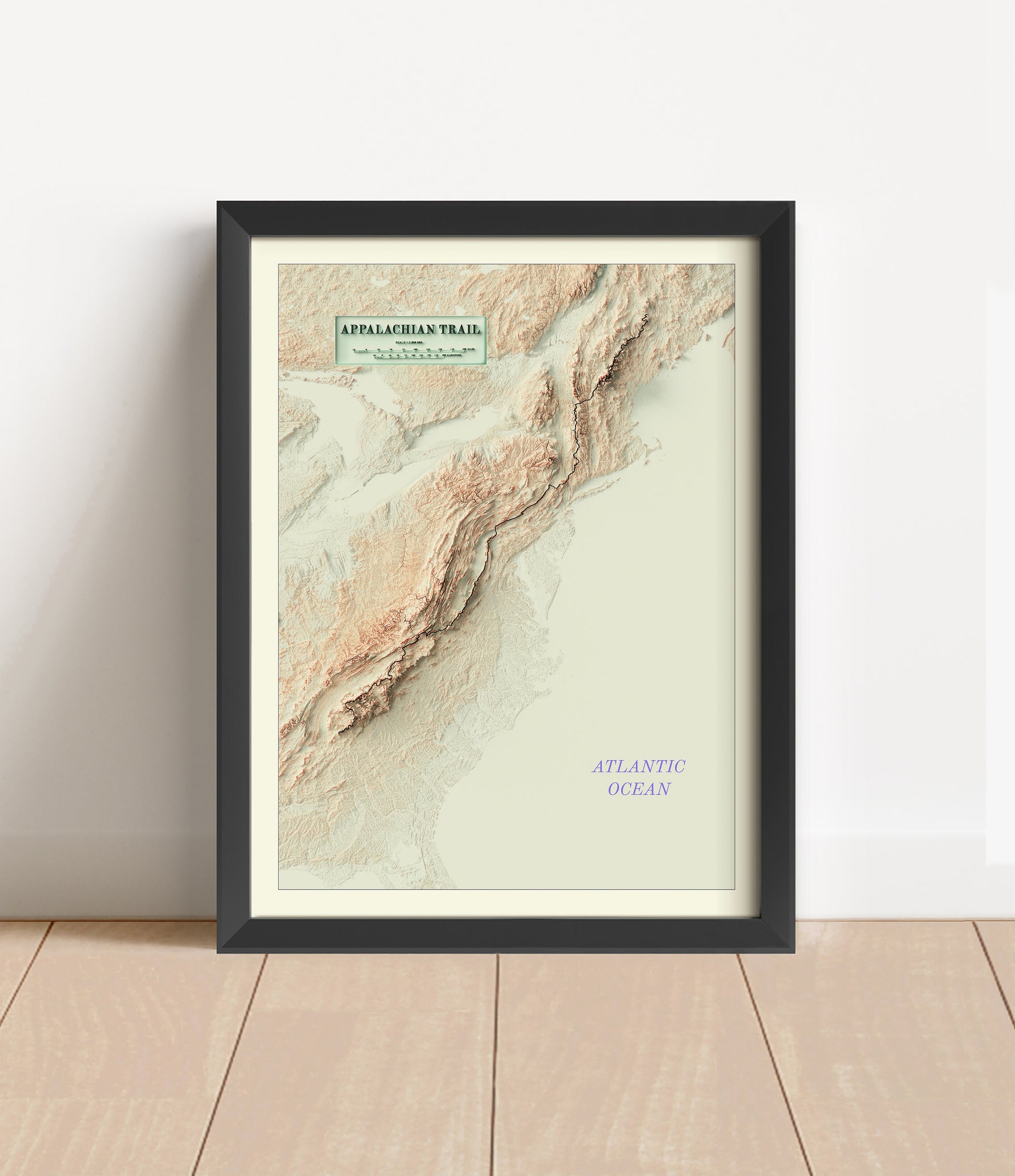 Vintage Appalachian Trail shaded relief map in black frame. Artistic print with realistic terrain effect for wall decor