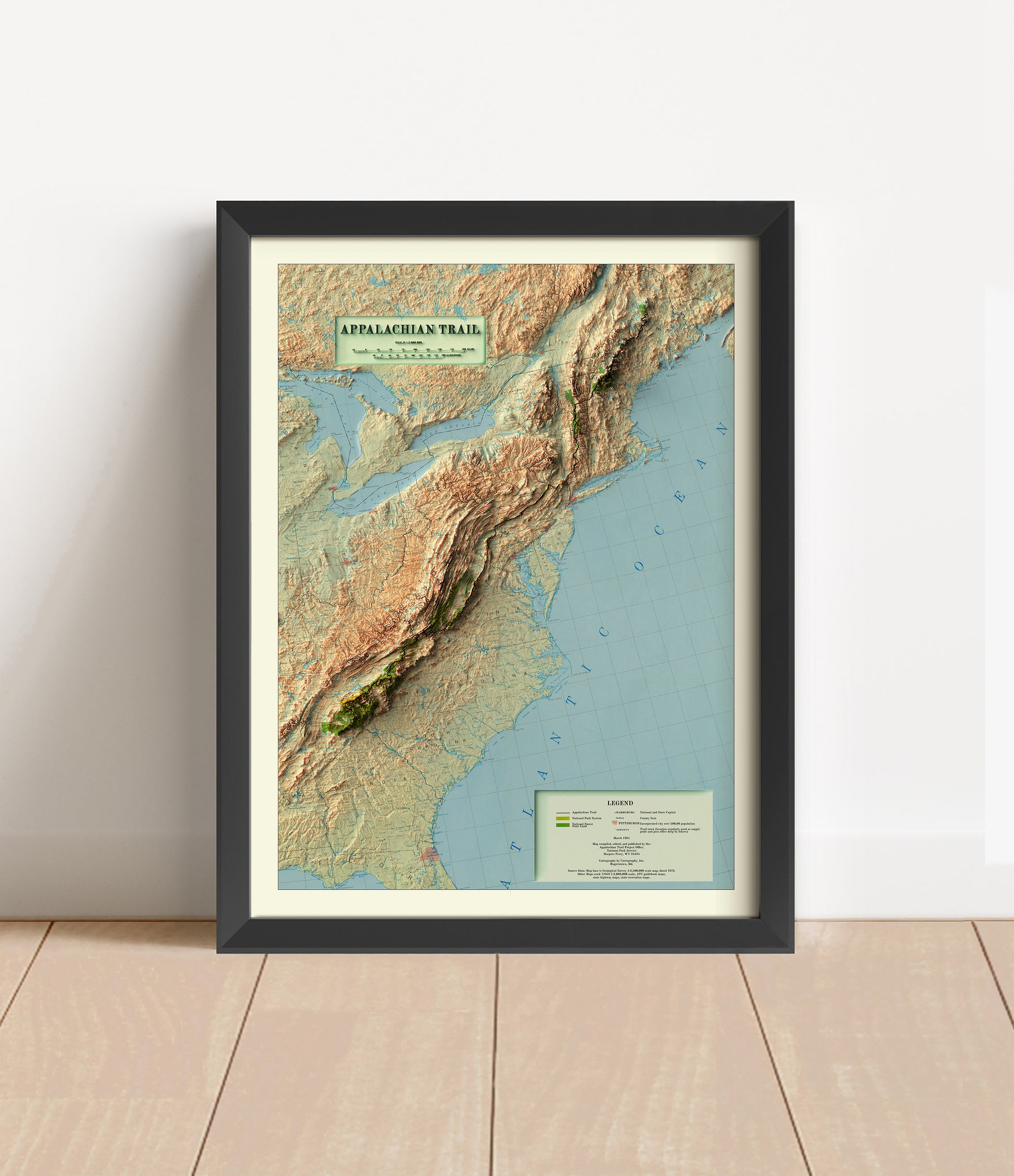 Vintage Appalachian Trail shaded relief map in black frame. Artistic print with realistic terrain effect for wall decor