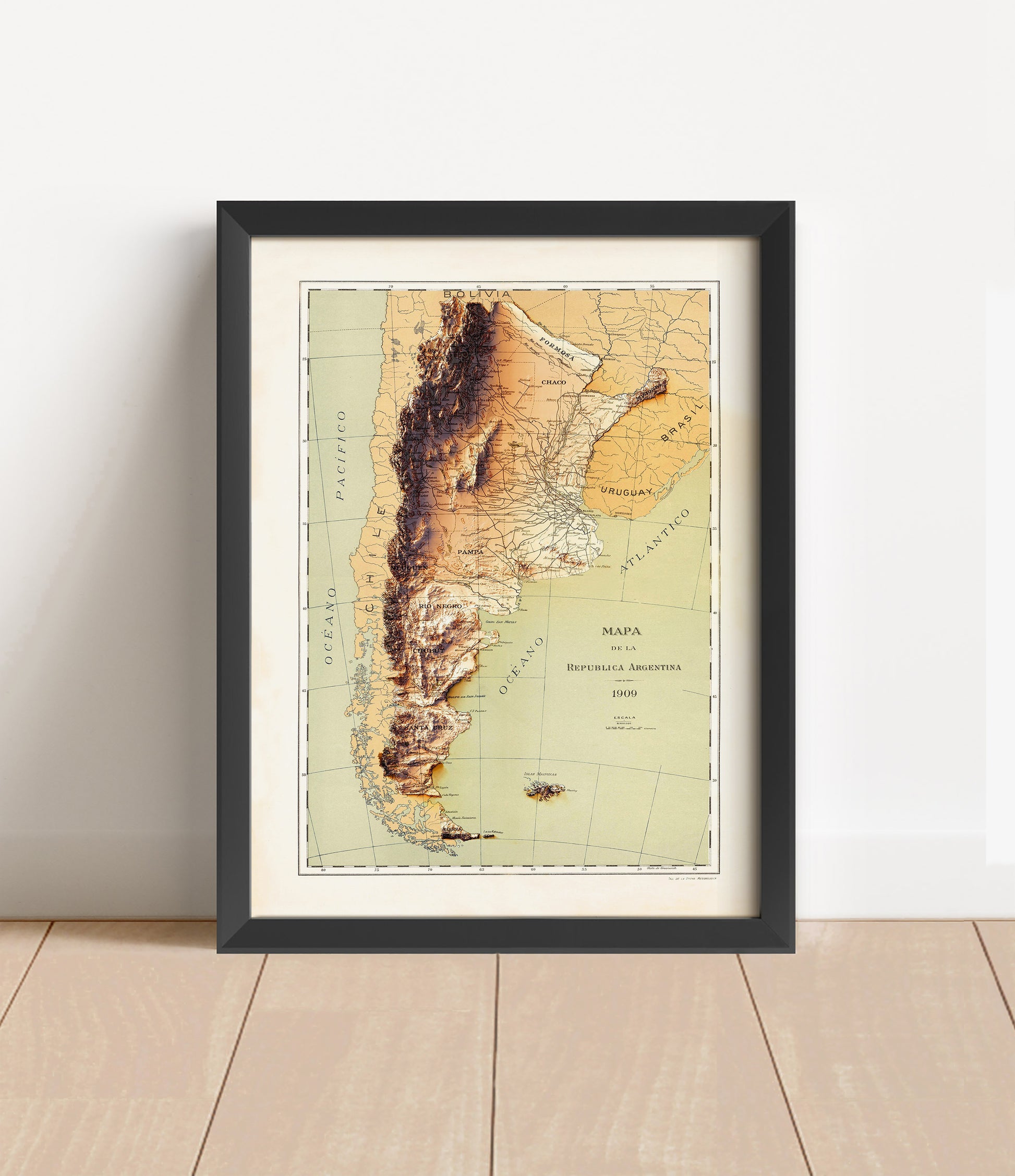 Vintage Argentina shaded relief map in black frame. Artistic print with realistic terrain effect for wall decor