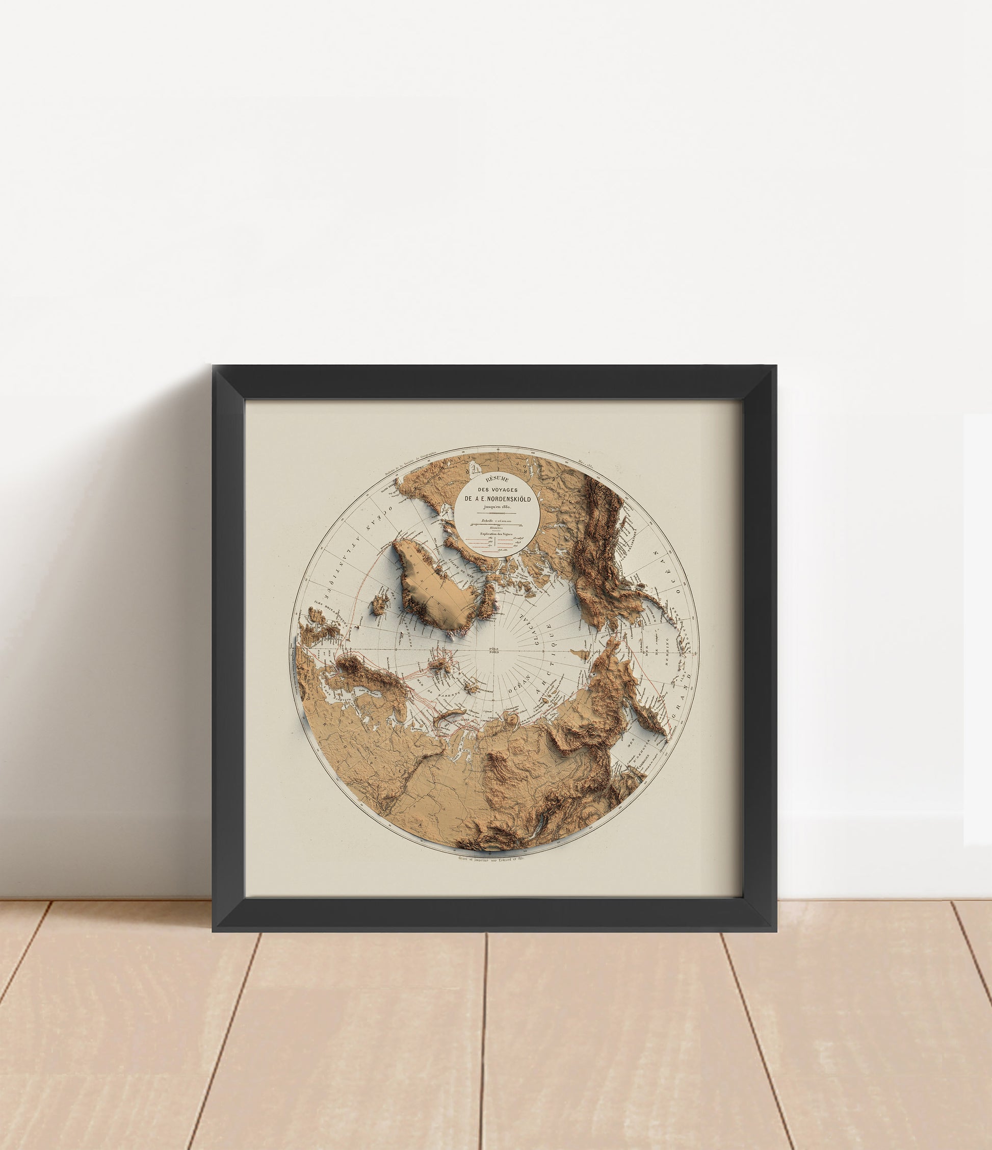 Vintage Arctic shaded relief map in black frame. Artistic print with realistic terrain effect for wall decor