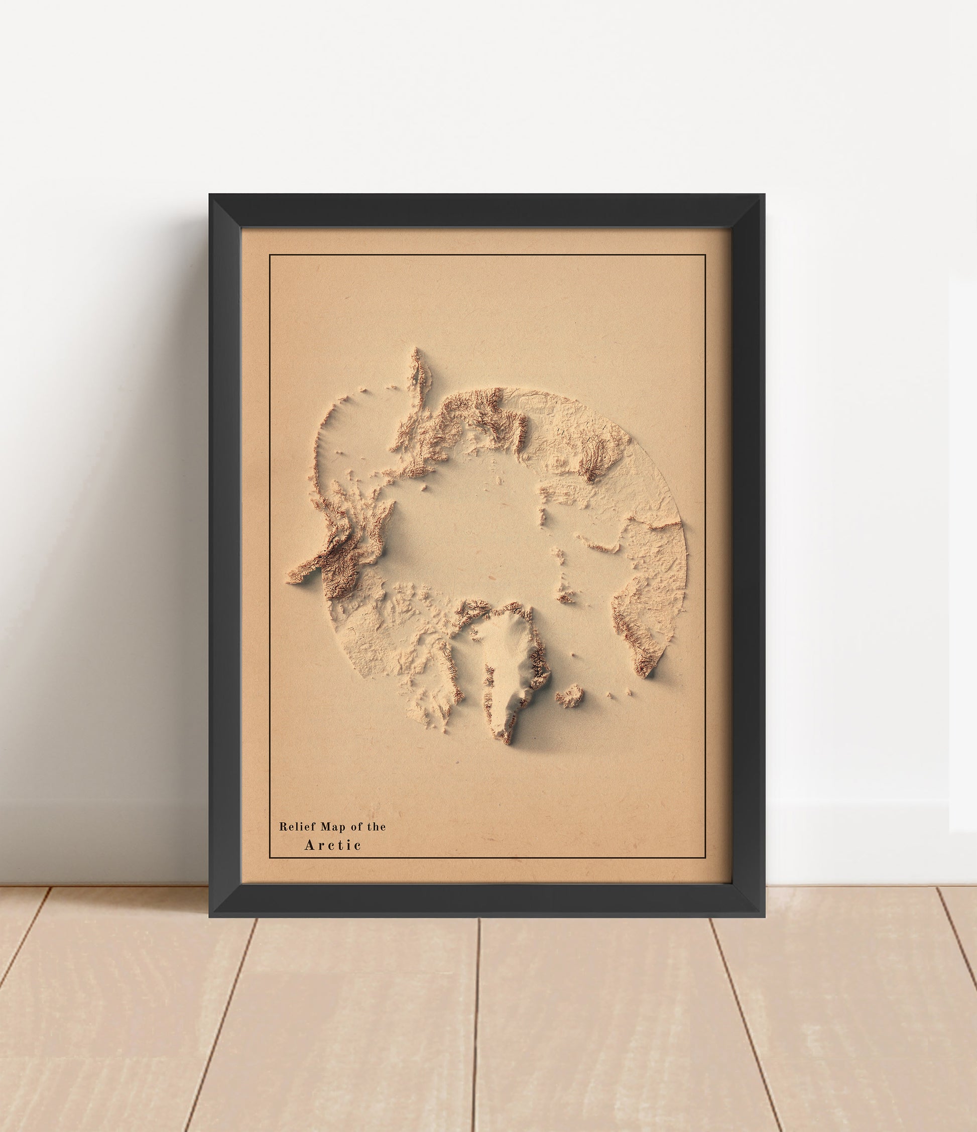 Vintage Arctic shaded relief map in black frame. Artistic print with realistic terrain effect for wall decor