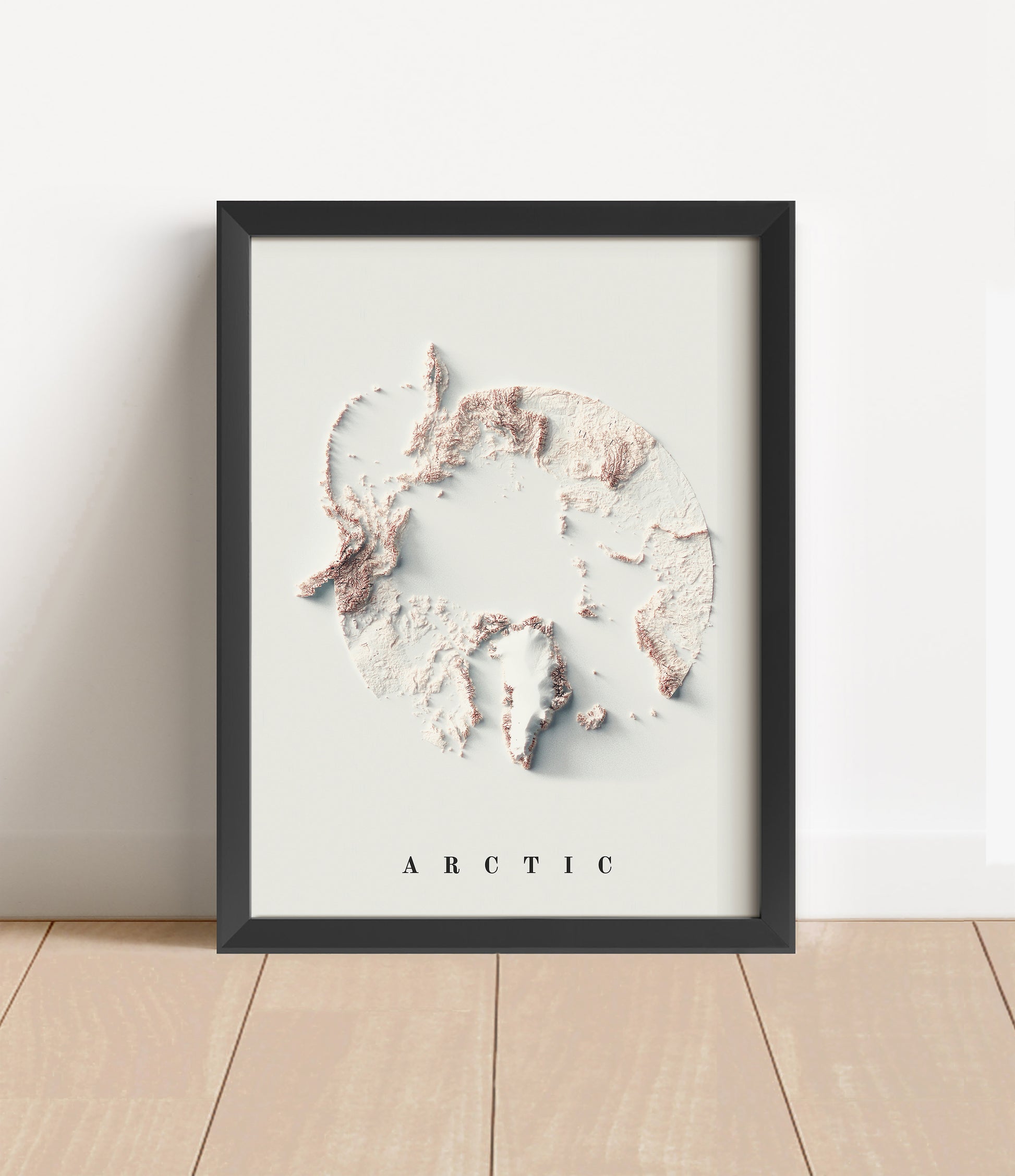 Arctic shaded relief map in black frame. Artistic print with realistic terrain effect for wall decor