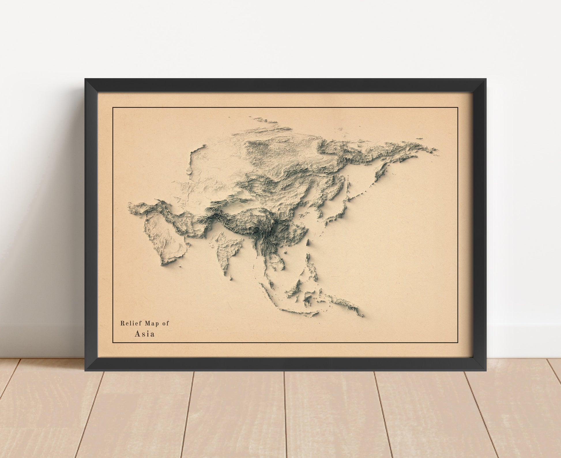 Vintage Asia shaded relief map in black frame. Artistic print with realistic terrain effect for wall decor