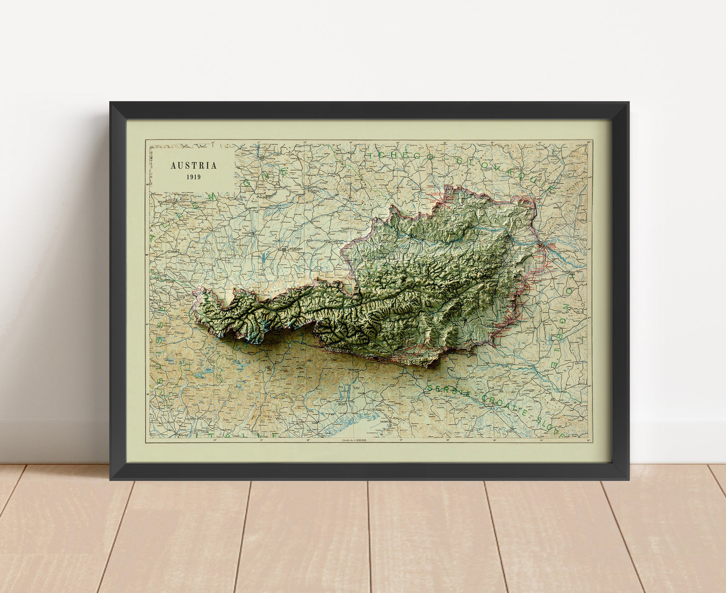 Vintage Austria shaded relief map in black frame. Artistic print with realistic terrain effect for wall decor