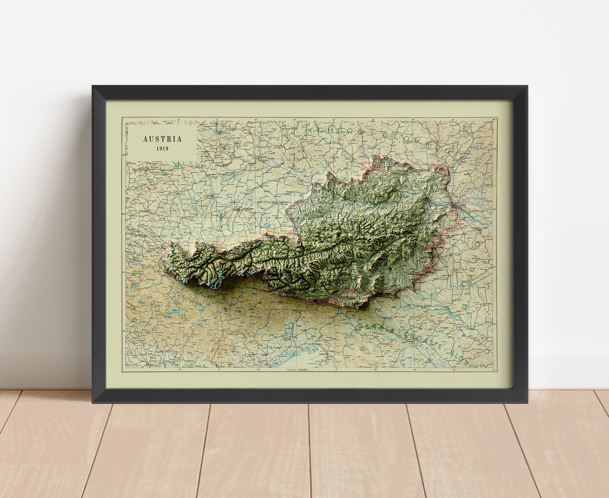 Vintage Austria shaded relief map in black frame. Artistic print with realistic terrain effect for wall decor