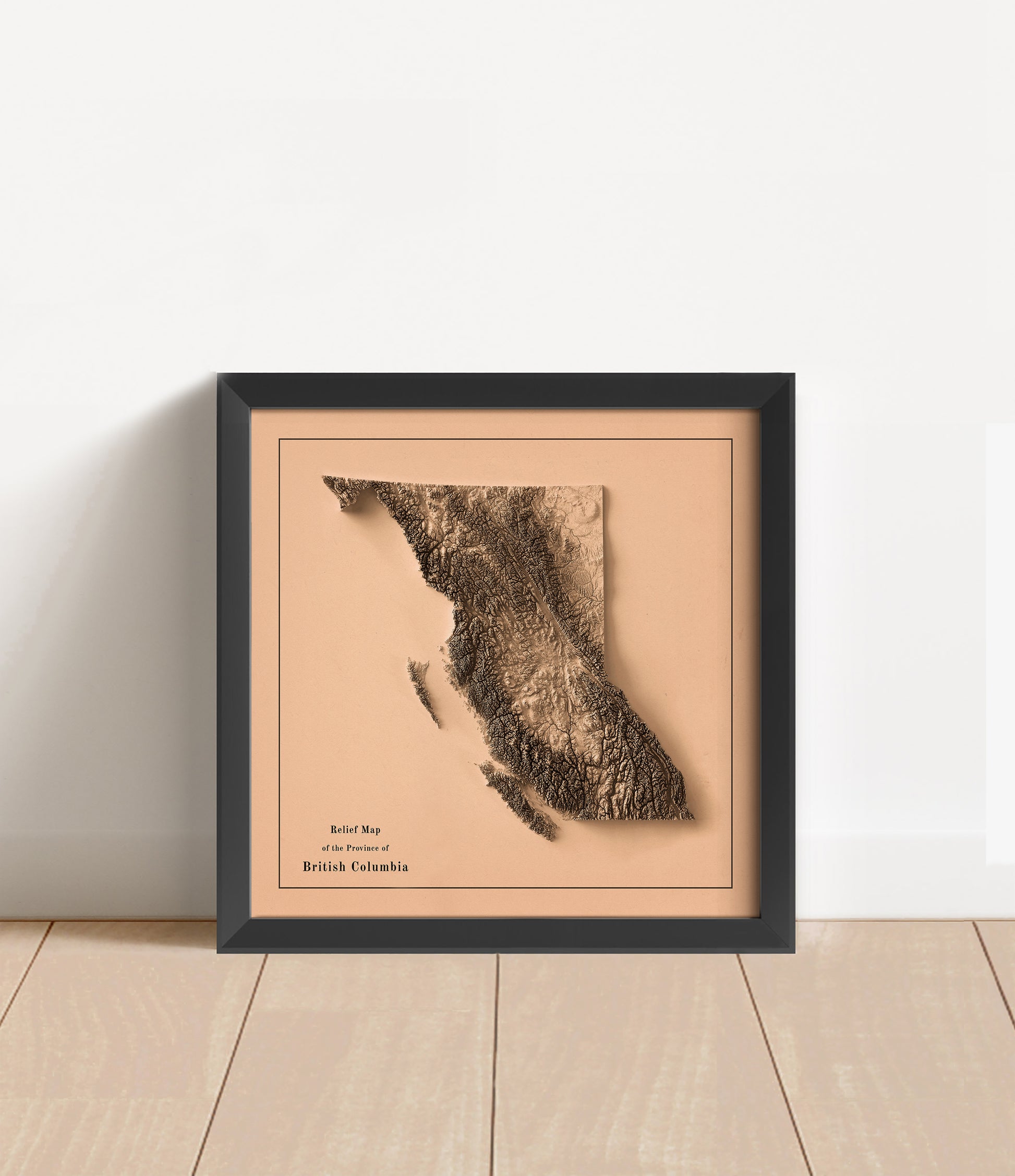 Vintage British Columbia Canada shaded relief map in black frame. Artistic print with realistic terrain effect for wall decor
