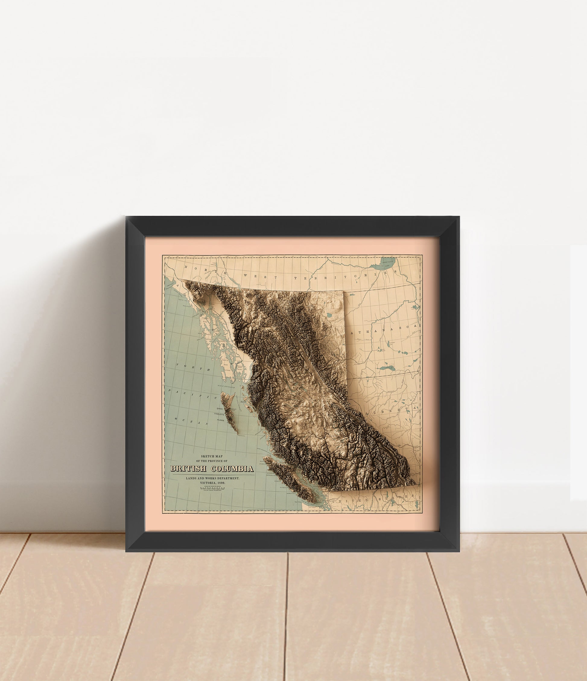 Vintage British Columbia Canada shaded relief map in black frame. Artistic print with realistic terrain effect for wall decor